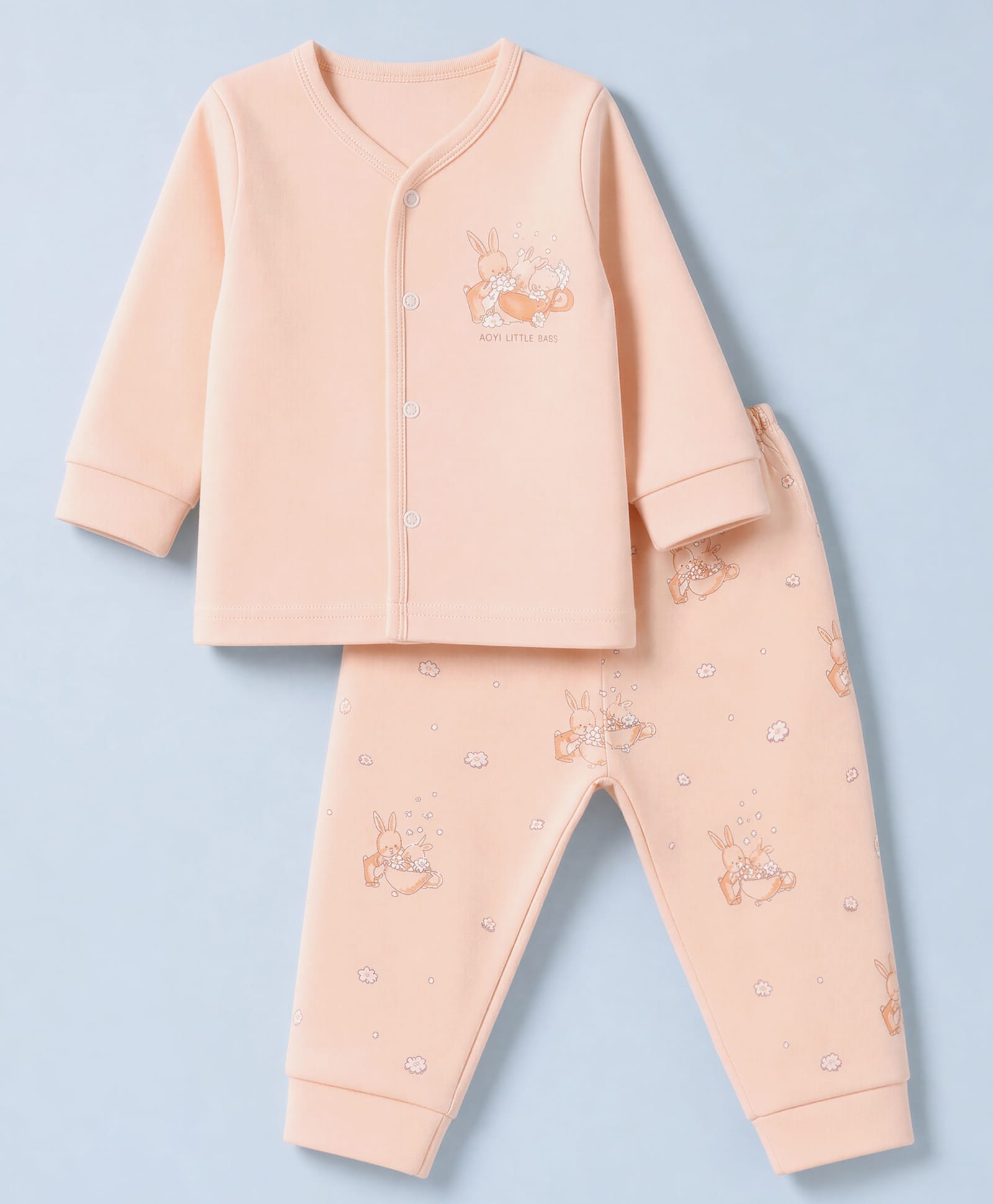 Zero Interlock Knit Full Sleeves T-& Pyjama Night Suit with Bunny Print - Peach-picture-0