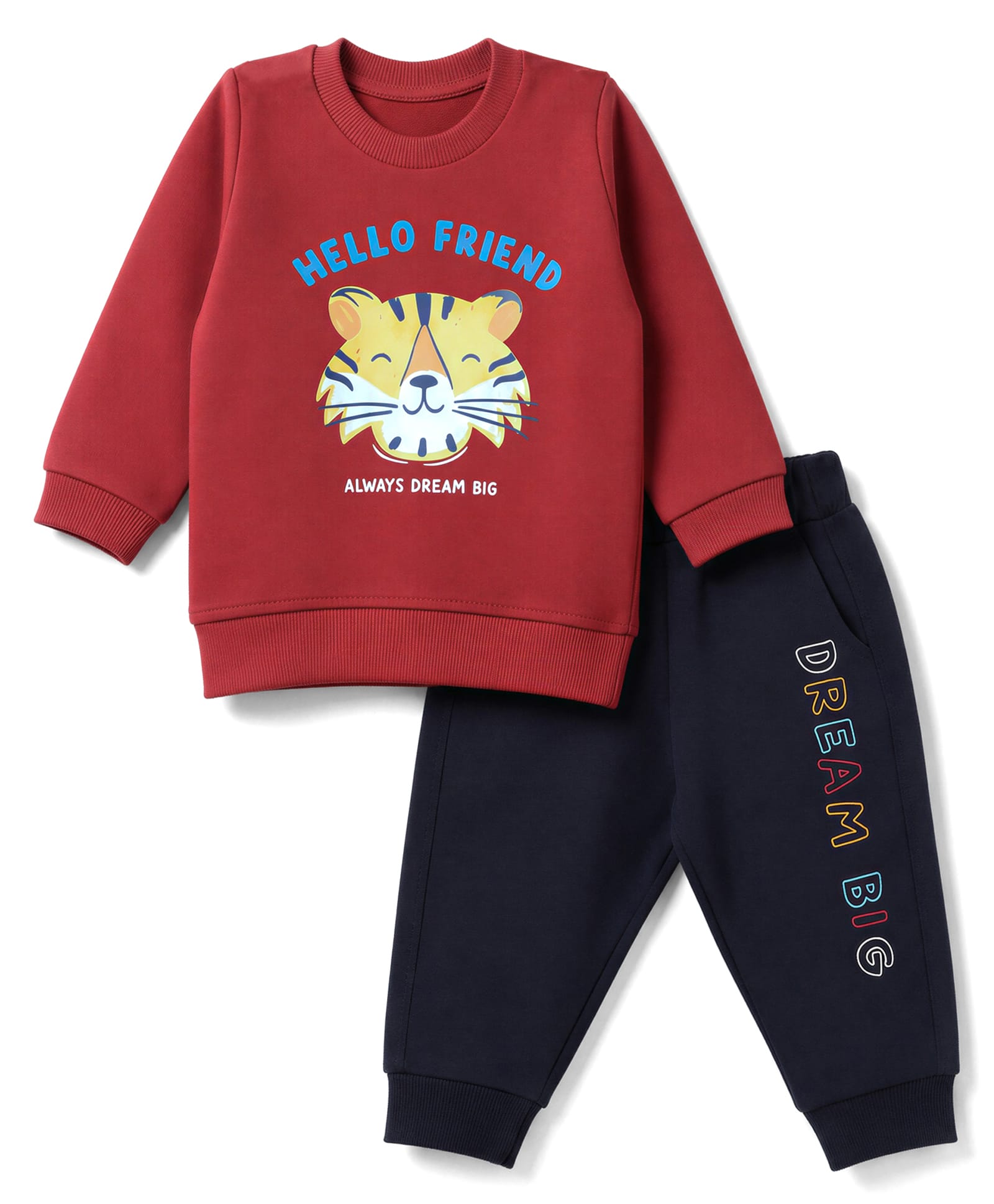 Zero Looper Knit Full Sleeves T-Shirt With Tiger & Text Print & Joggers - Maroon-picture-33