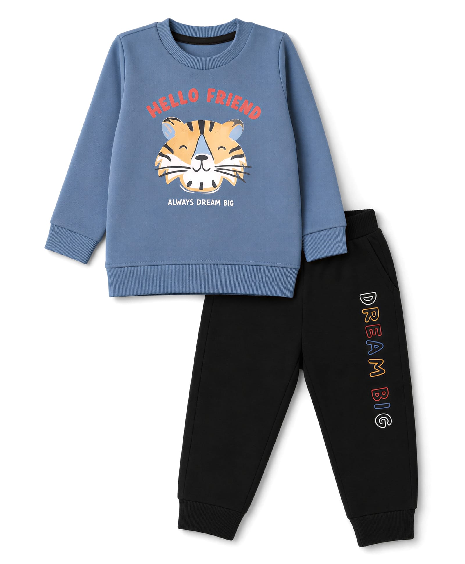Zero Looper Knit Full Sleeves T-Shirt With Tiger & Text Print & Joggers - Blue-picture-41