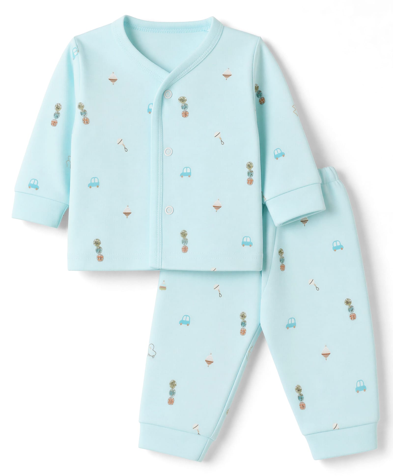 Zero Interlock Knit Full Sleeves Co-Ords T-Shirt & Pyjama Night Suit with Car Print - Sea Green-picture-7