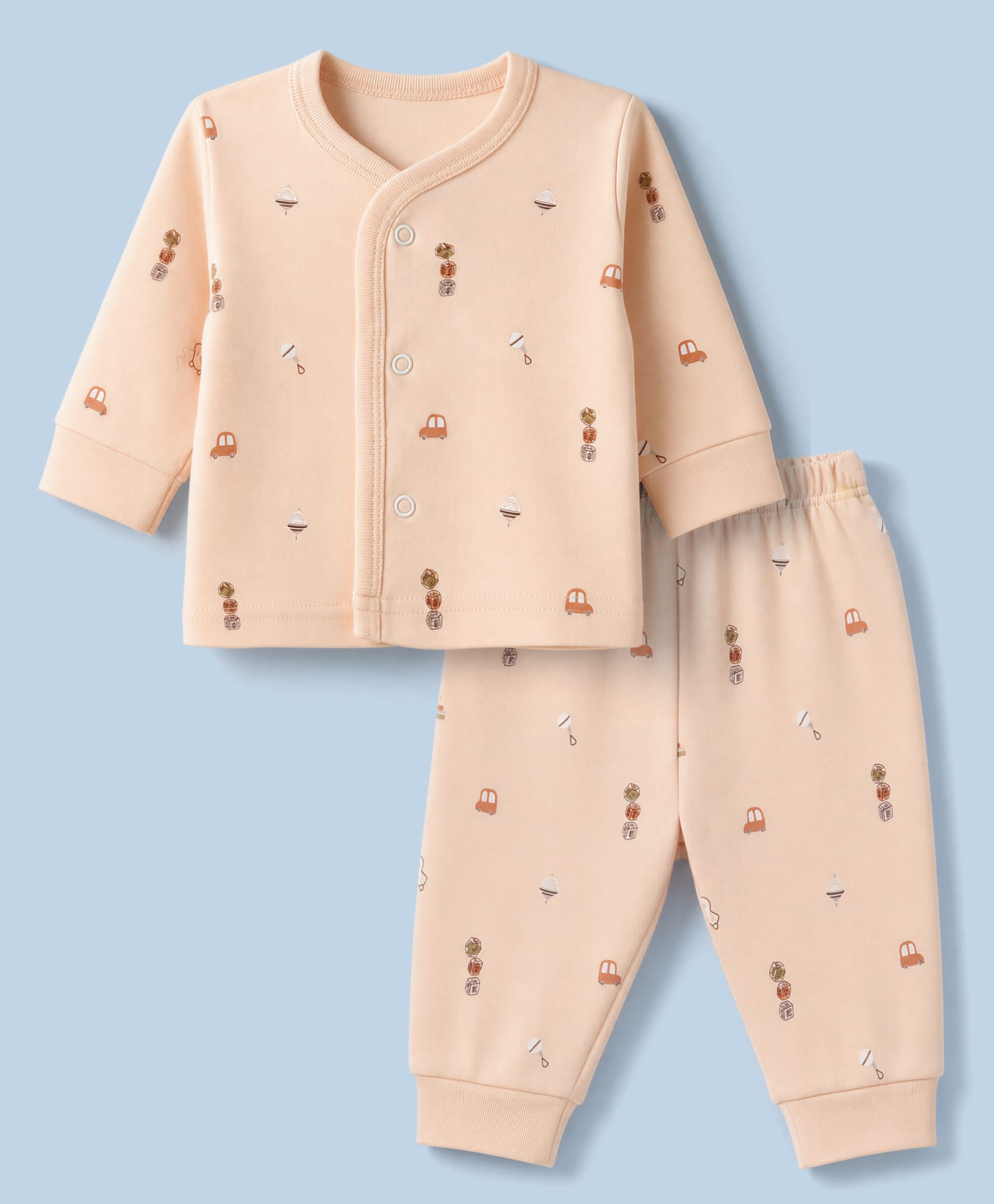Zero Interlock Knit Full Sleeves Co-Ords T-Shirt & Pyjama Night Suit with Car Print - Peach-picture-11