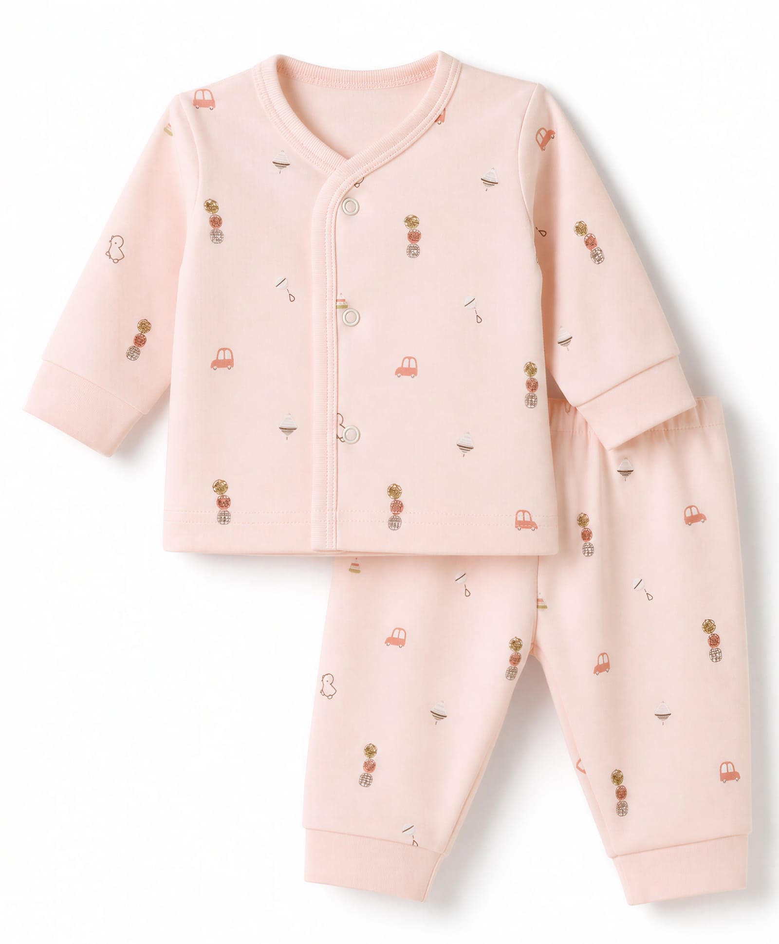 Zero Interlock Knit Full Sleeves Co-Ords T-Shirt & Pyjama Night Suit with Car Print - Light Peach-picture-29