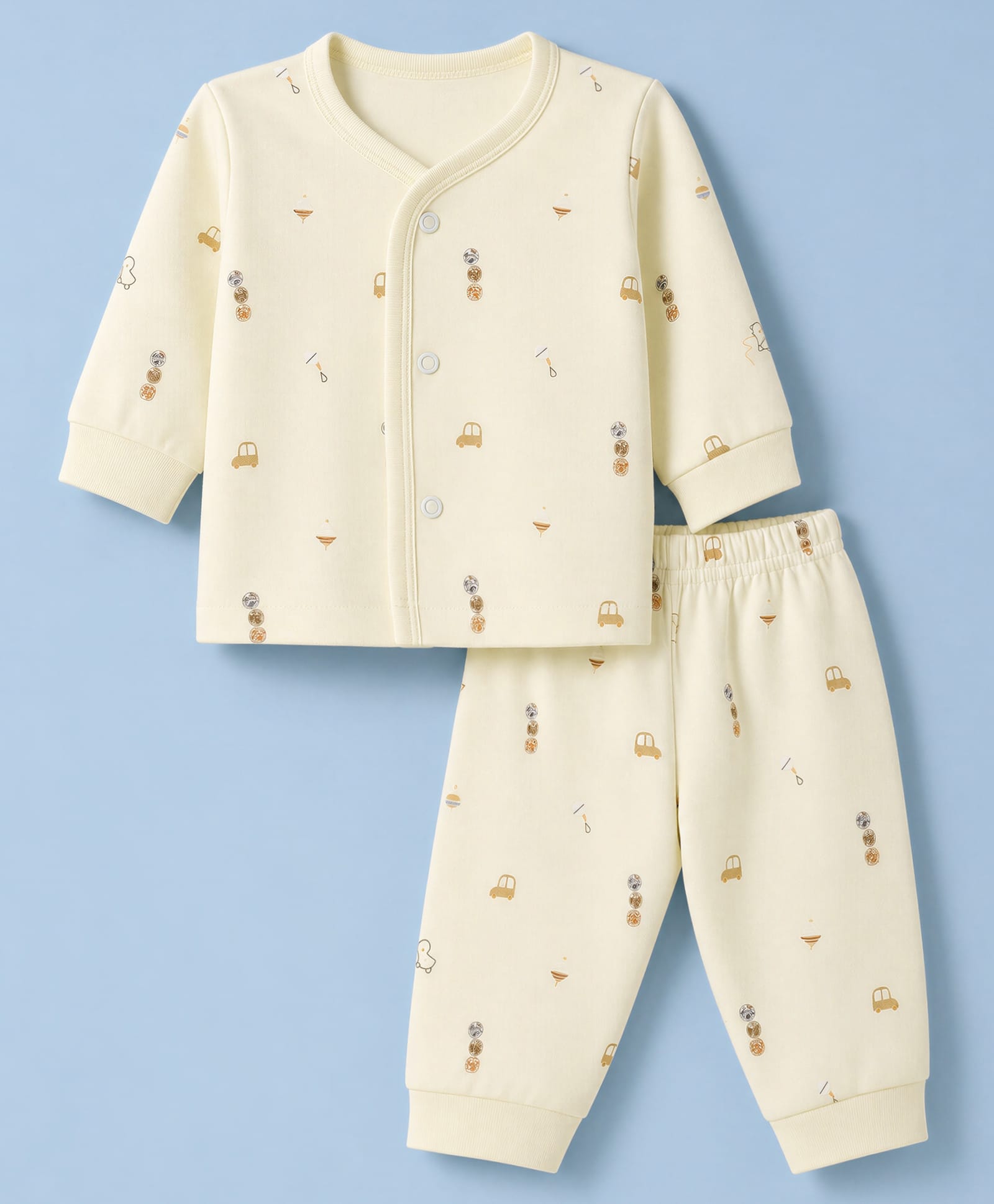 Zero Interlock Knit Full Sleeves Co-Ords T-Shirt & Pyjama Night Suit with Car Print - Cream-picture-10