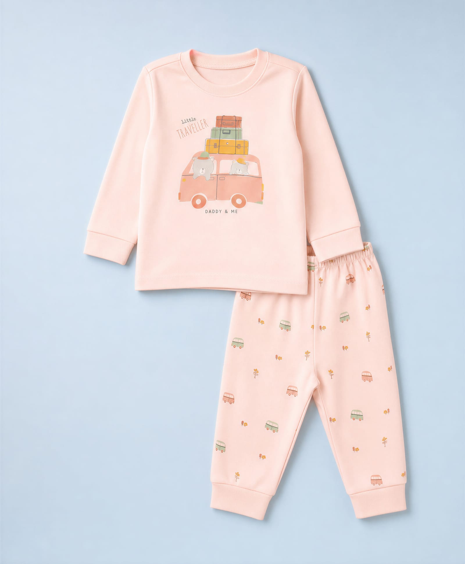Zero Interlock Knit Full Sleeves T-Shirt & Pyjama Night Suit with Little Traveller Print - Peach-image-5