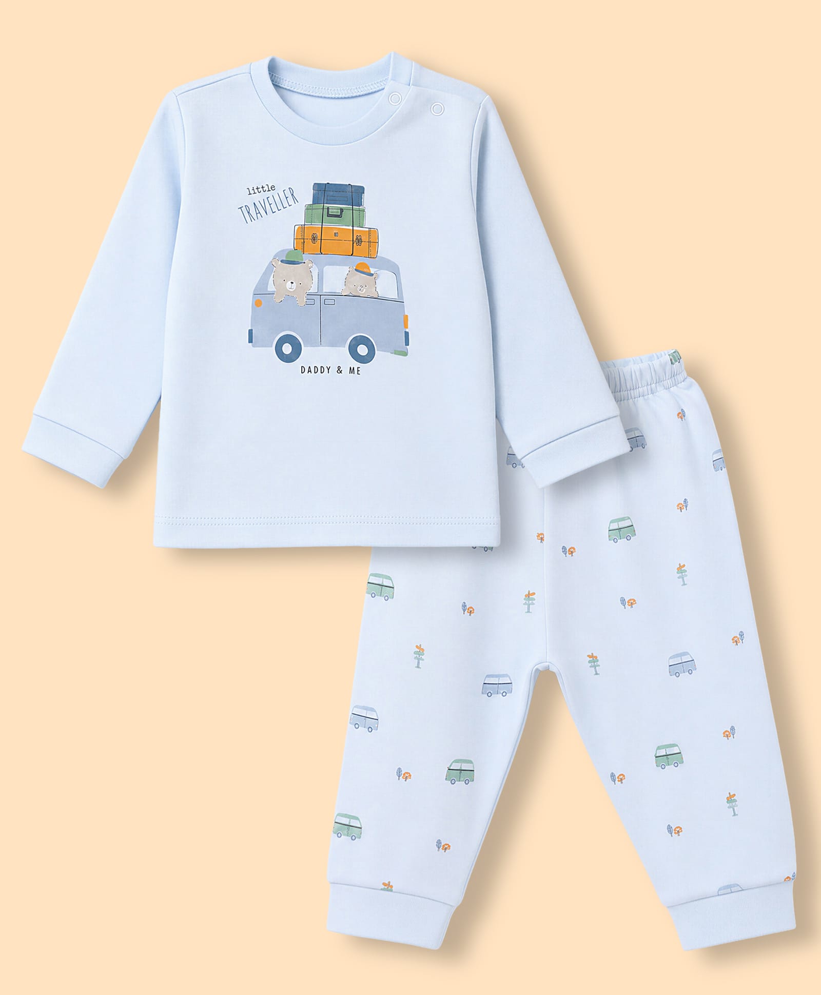 Zero Interlock Knit Full Sleeves T-Shirt & Pyjama Night Suit with Little Traveller Print - Sky Blue-picture-27