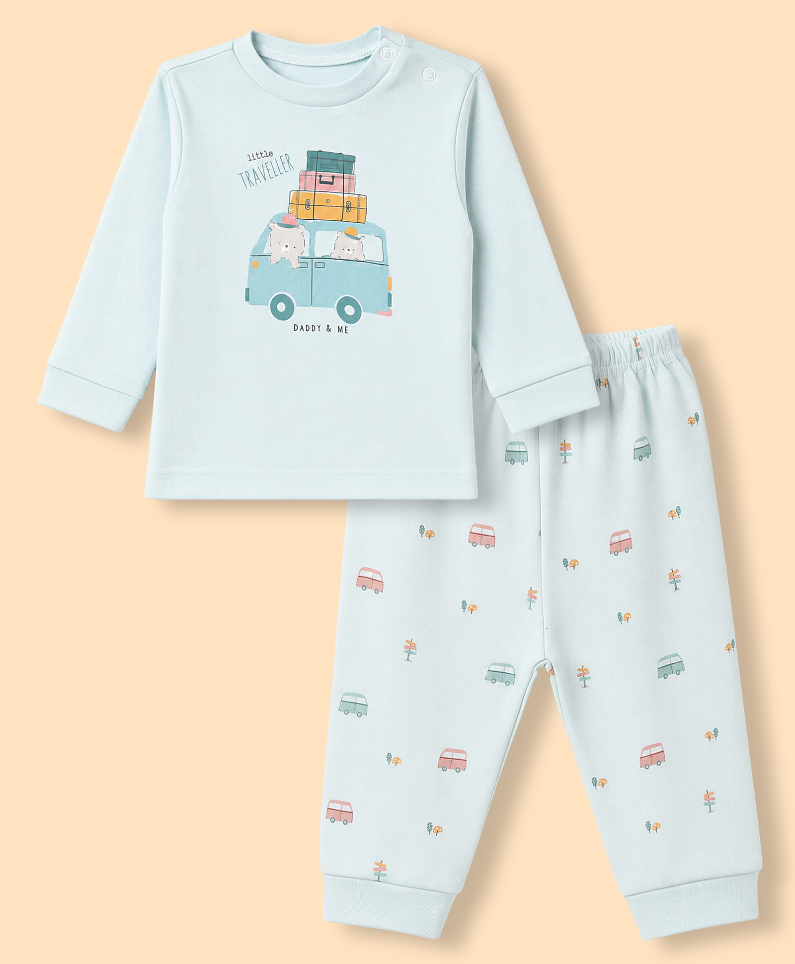 Zero Interlock Knit Full Sleeves T-Shirt & Pyjama Night Suit with Little Traveller Print - Turquoise-image-46