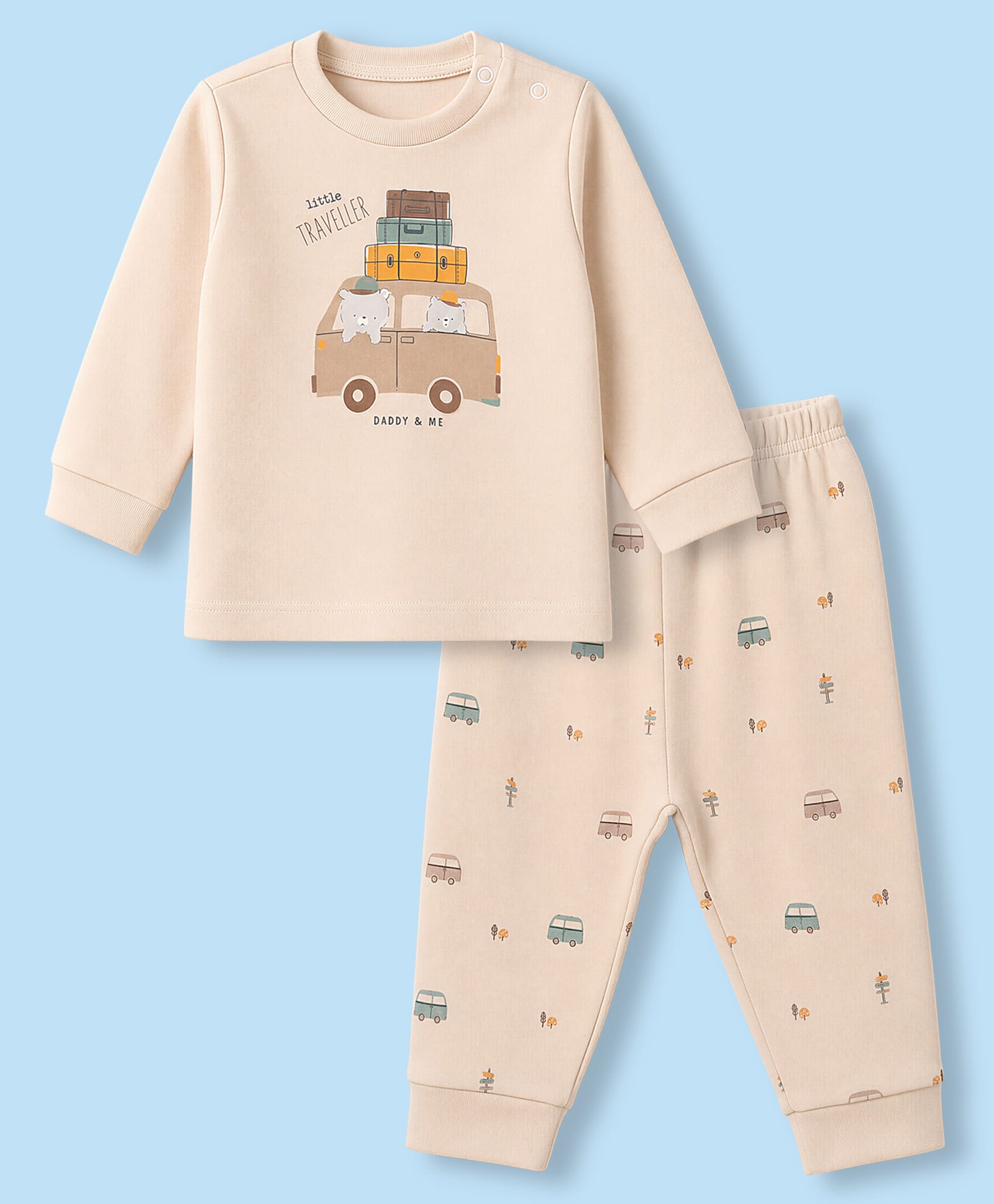 Zero Interlock Knit Full Sleeves T-Shirt & Pyjama Night Suit with Little Traveller Print - Beige-picture-30