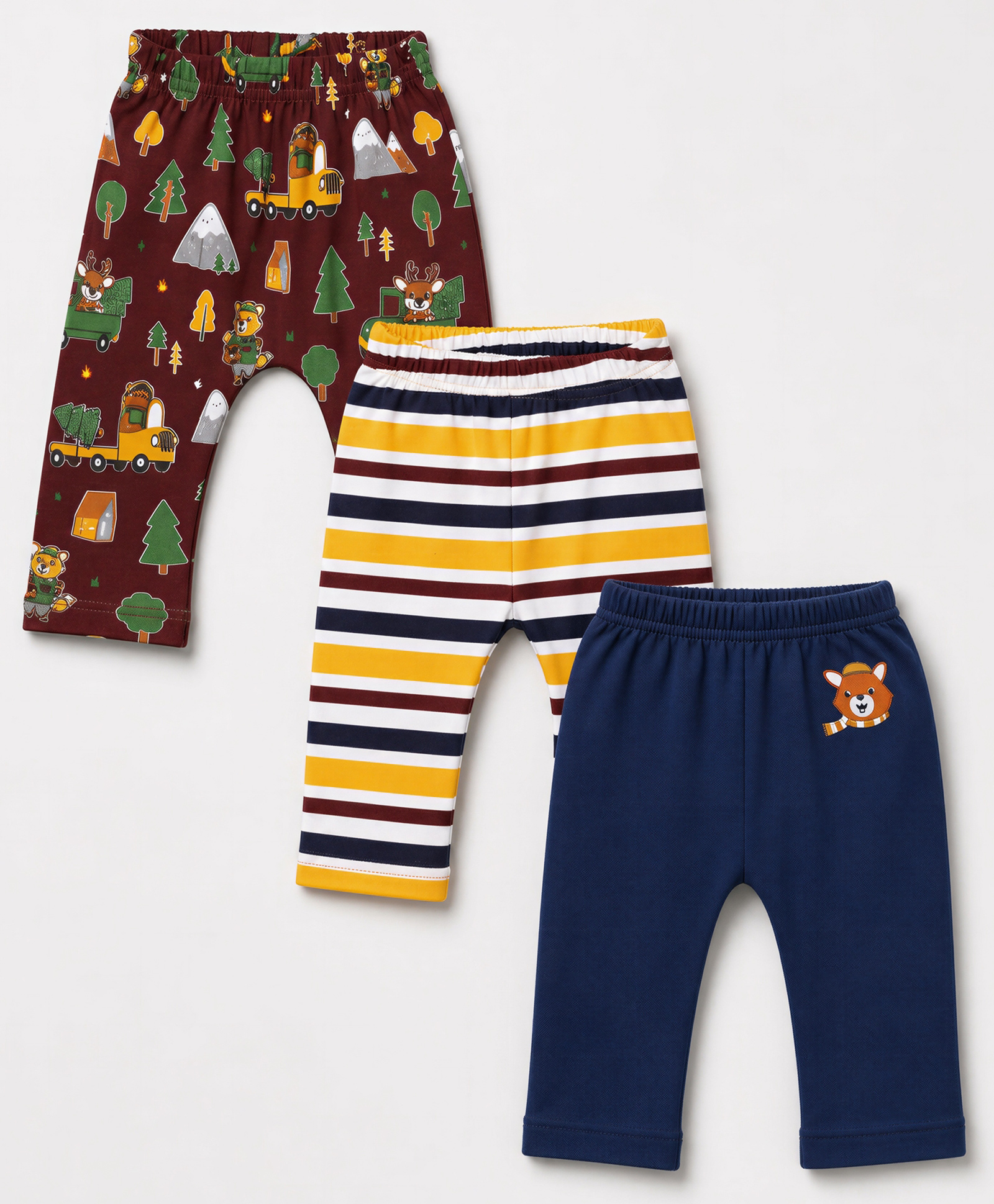Babyhug Interlock Knit Full Length Striped & Vehicles Reindeer & Bear Printed Diaper Leggings Pack Of 3 - Navy Blue Brown & Yellow-picture-25