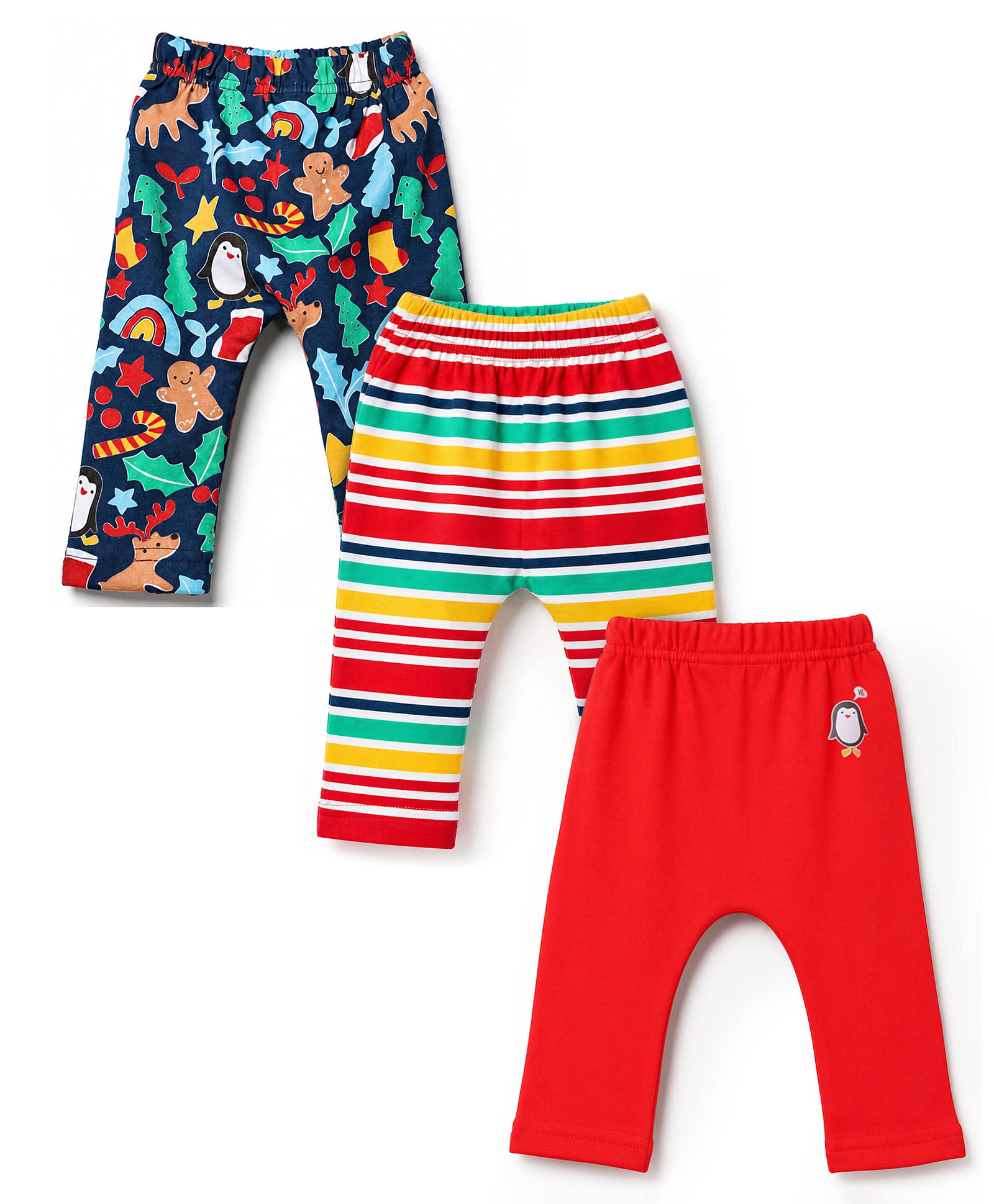 Babyhug Interlock Knit Full Length Striped & Penguin Printed Diaper Leggings Pack Of 3 - Red Navy Blue & Yellow-image-1