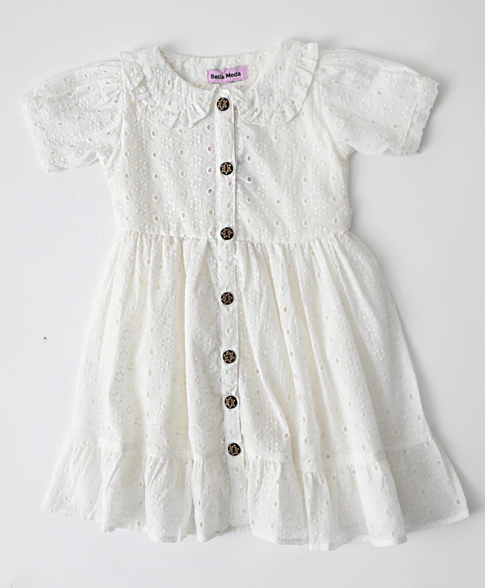Bella Moda Cotton Woven Puffed Sleeves All over self designed Schifflie Dress - White-image-46