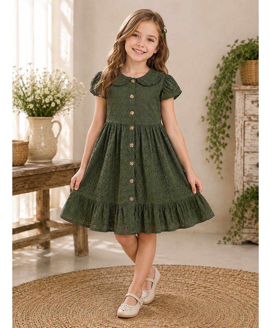 Bella Moda Cotton Woven Puffed Sleeves All over self designed Schifflie Dress - Green-image-46