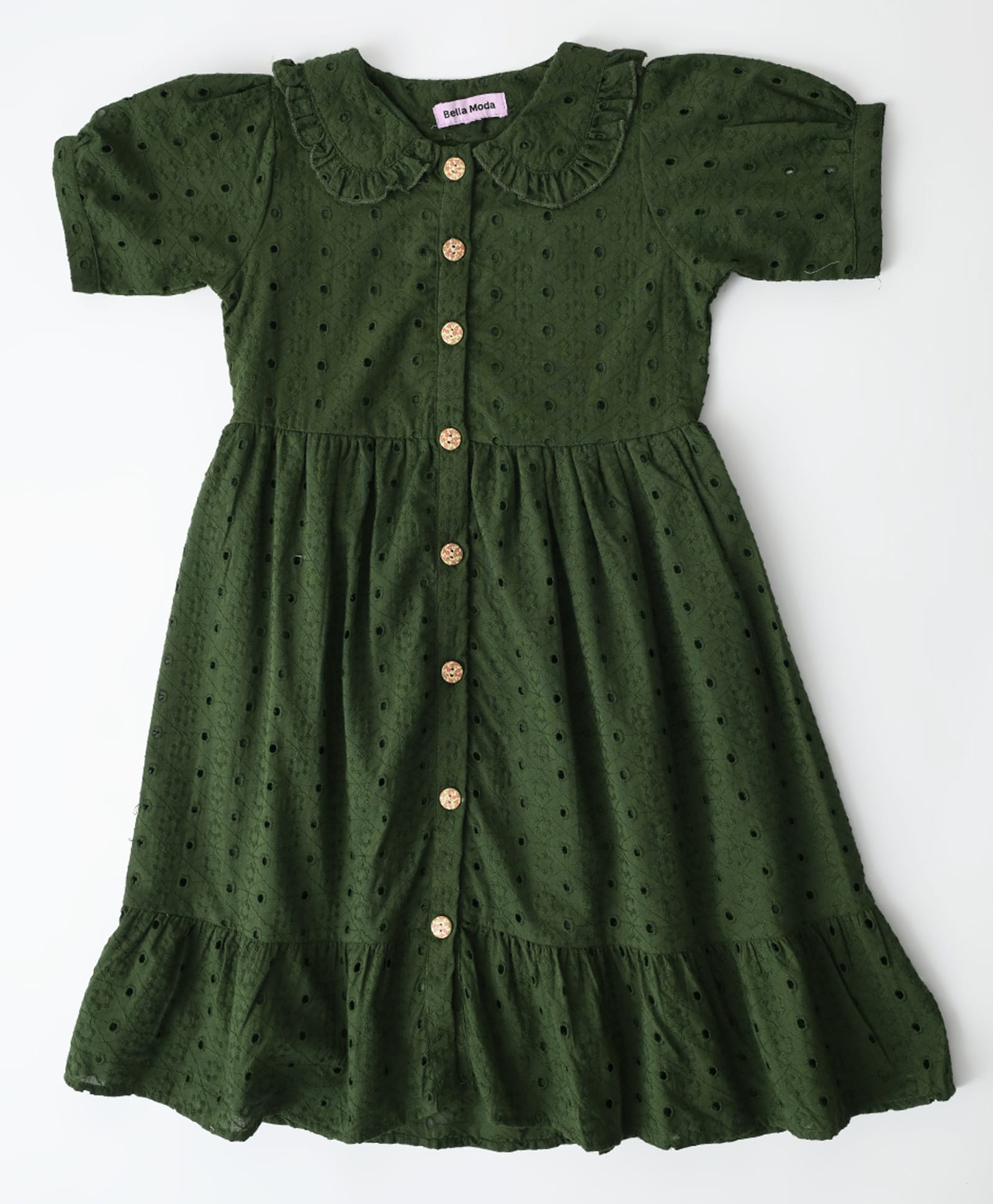 Bella Moda Cotton Woven Puffed Sleeves All over self designed Schifflie Dress - Green-image-4