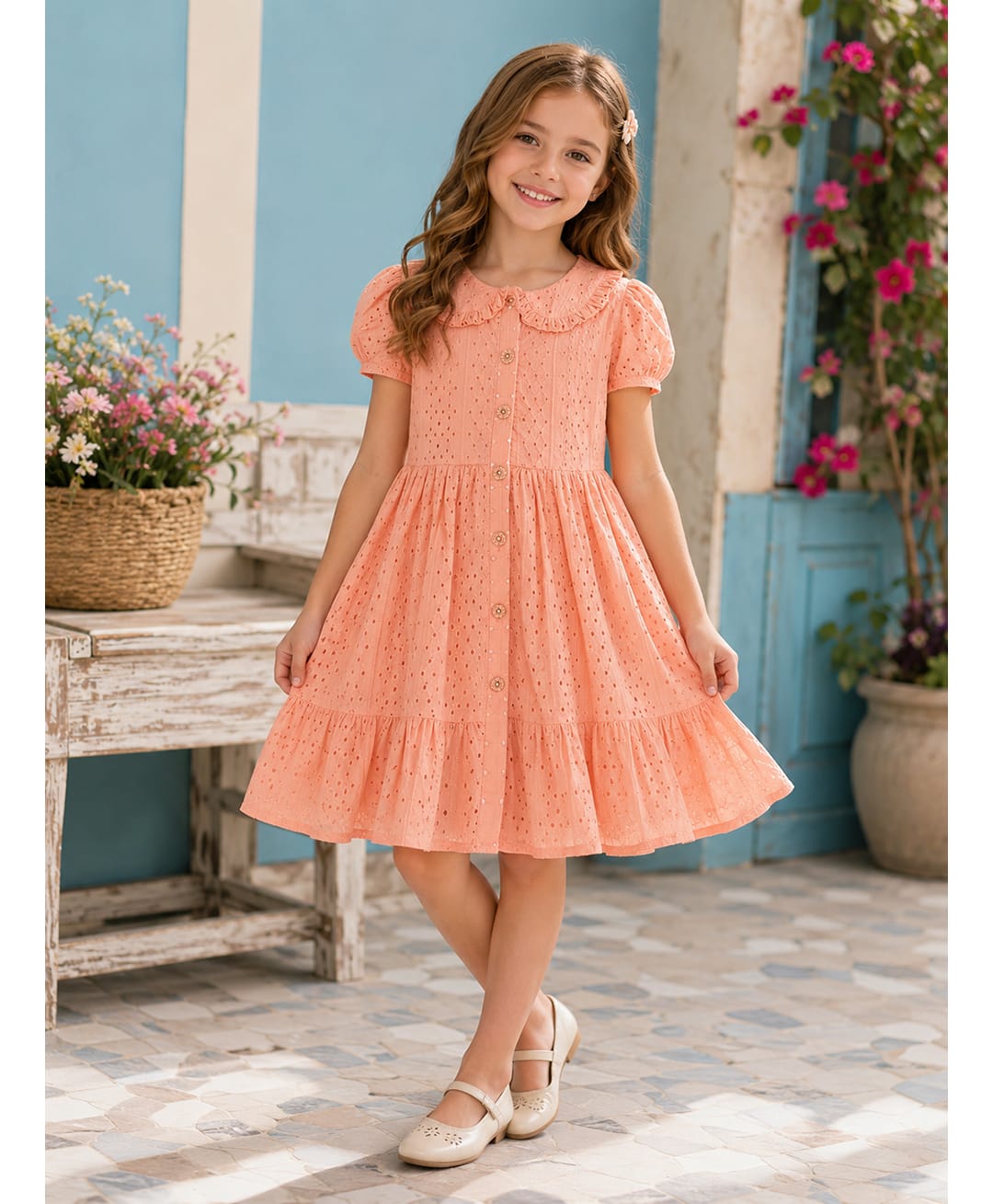 Bella Moda Cotton Woven Puffed Sleeves All over self designed Schifflie Dress - Peach-image-47