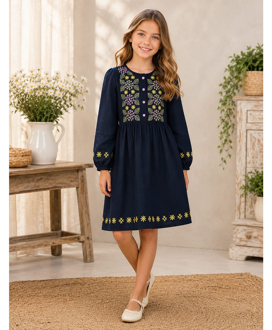 Bella Moda Cotton Woven Full Sleeves Dress With Floral Embroidery - Navy Blue-image-49