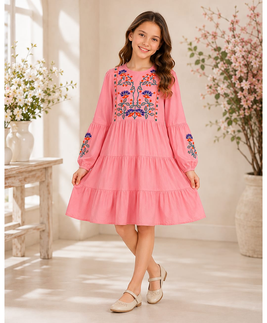 Bella Moda Cotton Woven Dress with Three Fourth Sleeves and Floral Embroidery - Pink-image-42