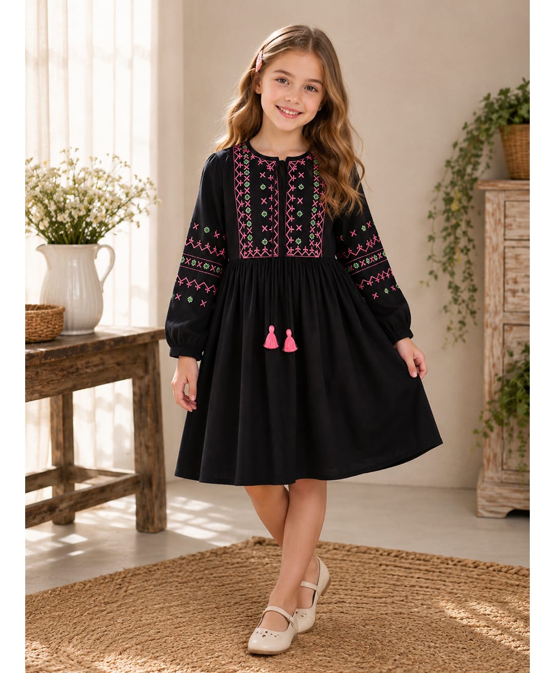 Bella Moda Cotton Woven Dress with Full Sleeves and Geometric Embroidery in Black for 8-9 Years-image-24