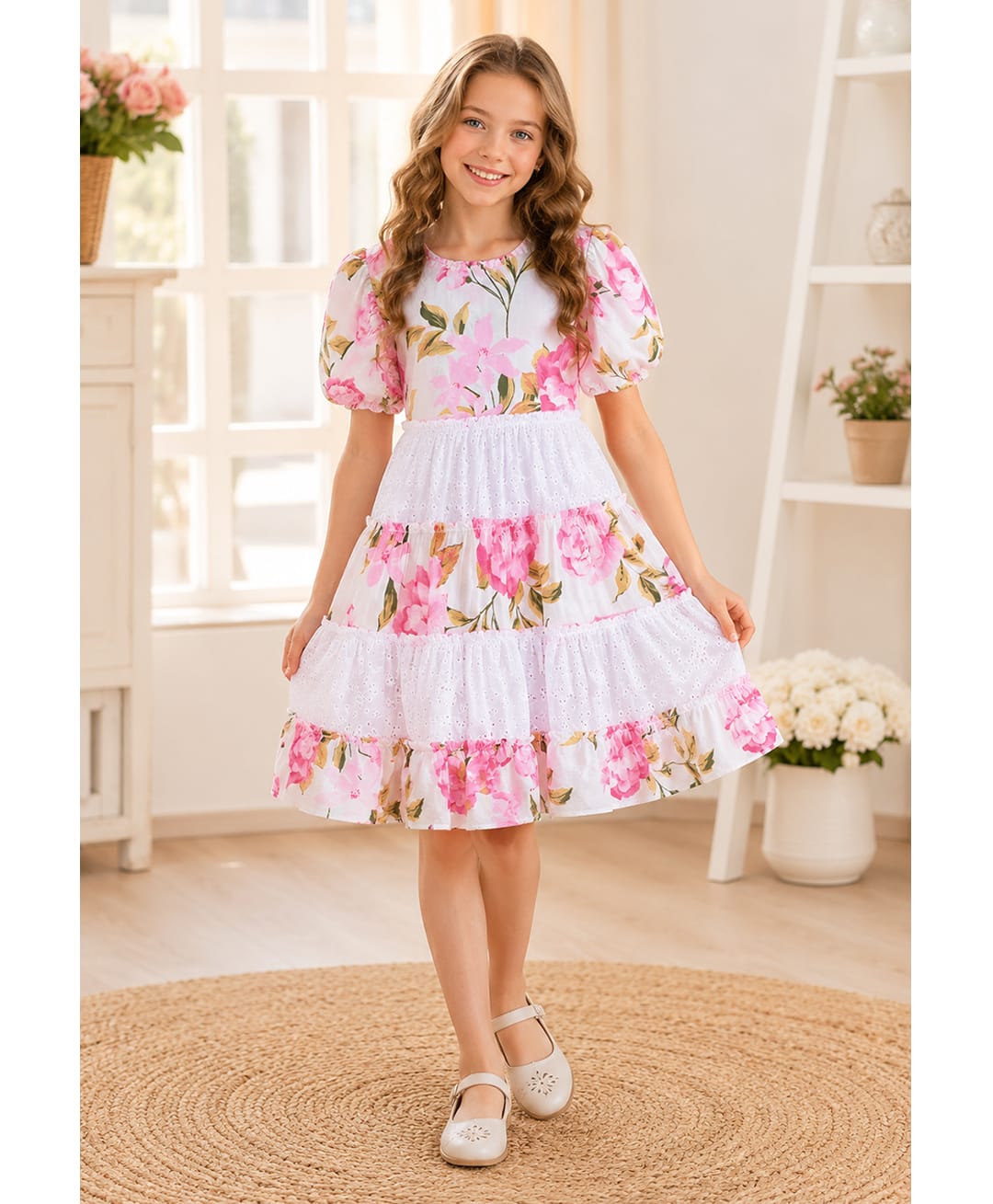 Bella Moda Cotton Woven Puffed Half Sleeves Knee Length Dress With Floral Print - Pink-picture-27