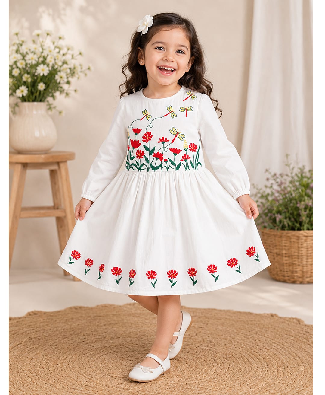 Bella Moda Cotton Woven Three - Fourth Dress With Headband & Floral Embroidery - White-image-39
