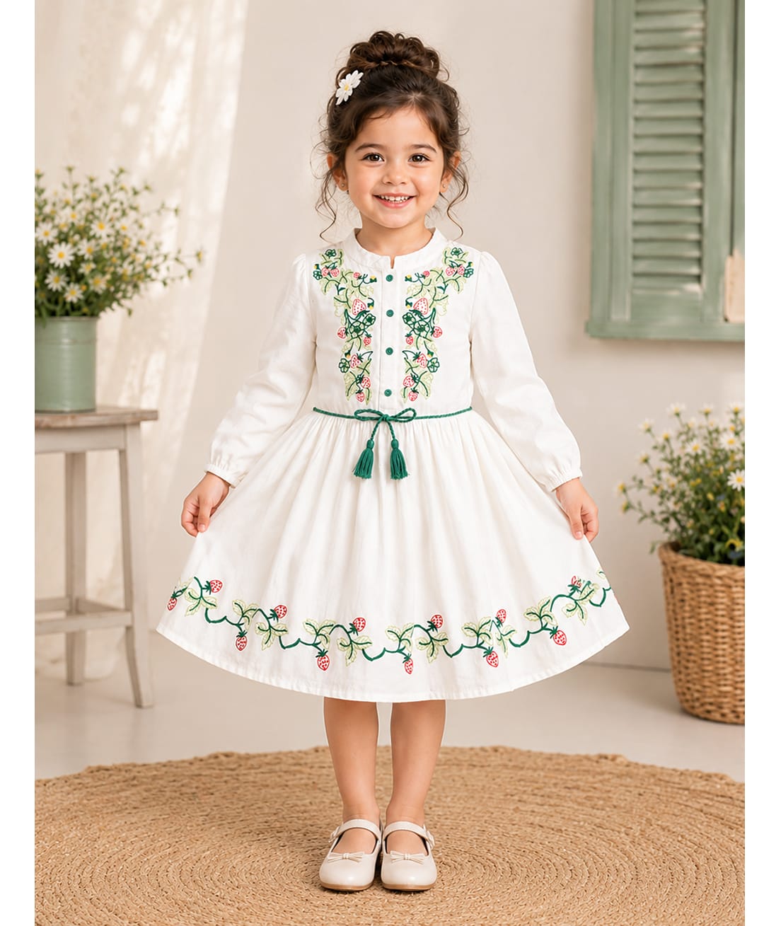 Bella Moda Cotton Woven Dress with Three Fourth Sleeves and Strawberry Embroidery - White-image-41