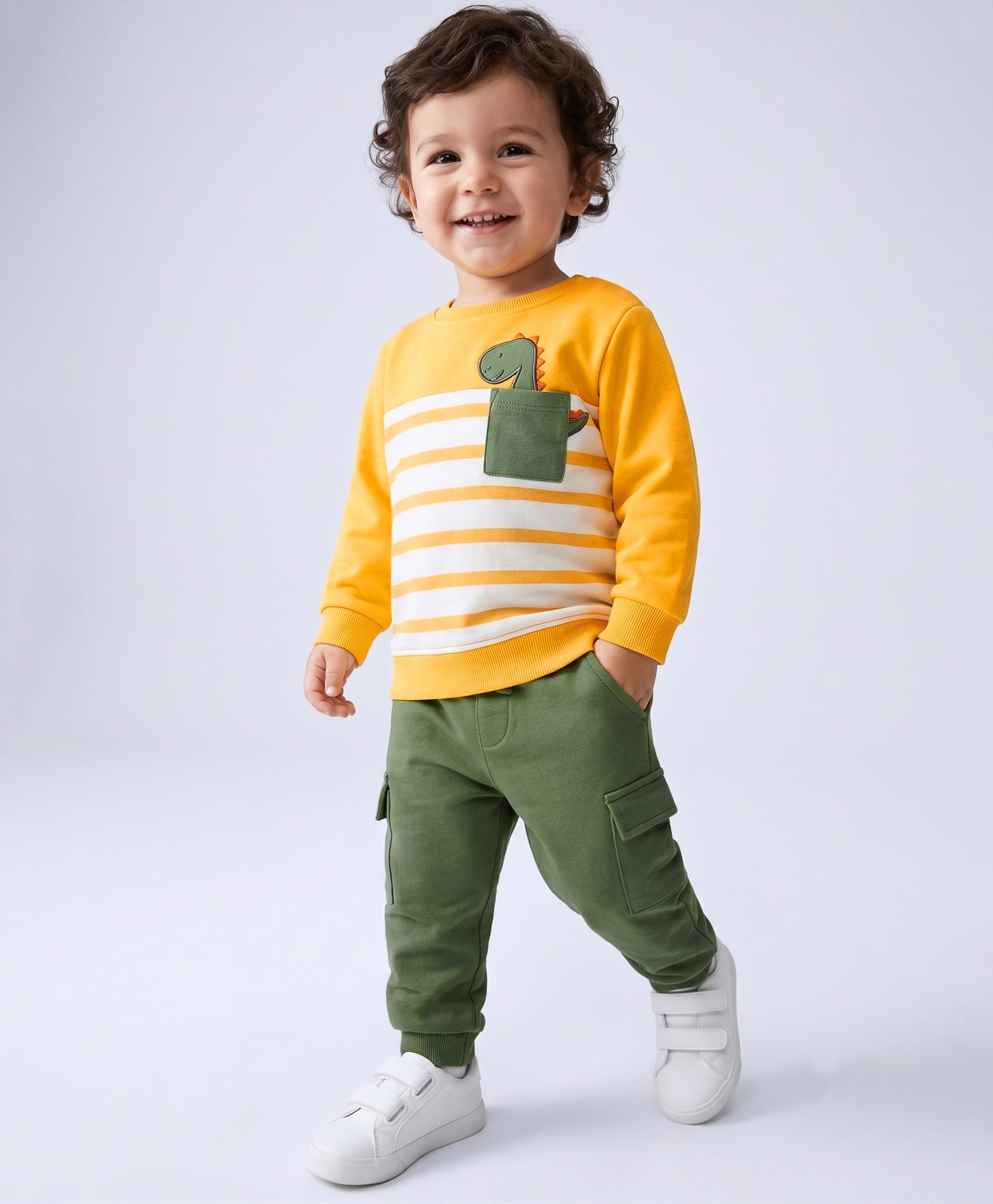 Babyhug Single Jersey Knit Full Sleeves Striped T-Shirt & Lounge Pant Set with Dino Applique - Yellow-picture-22