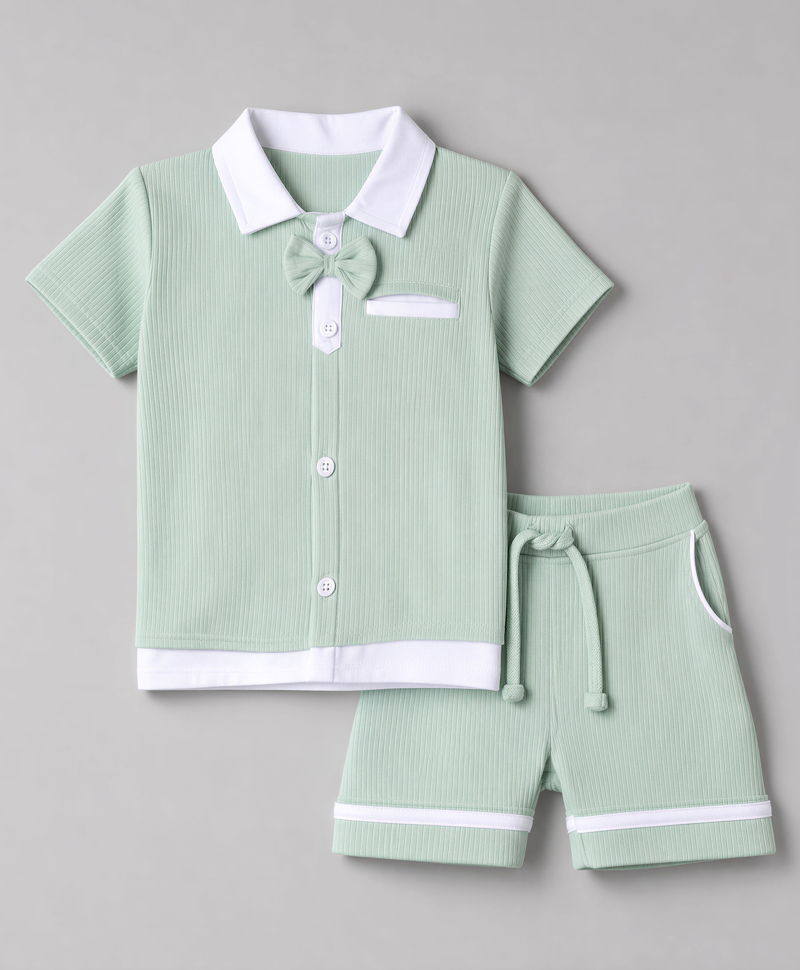 Babyhug 100% Cotton Knit Half Sleeves Solid Textured T-Shirt & Shorts Set With Bow Applique - Light Green-image-3