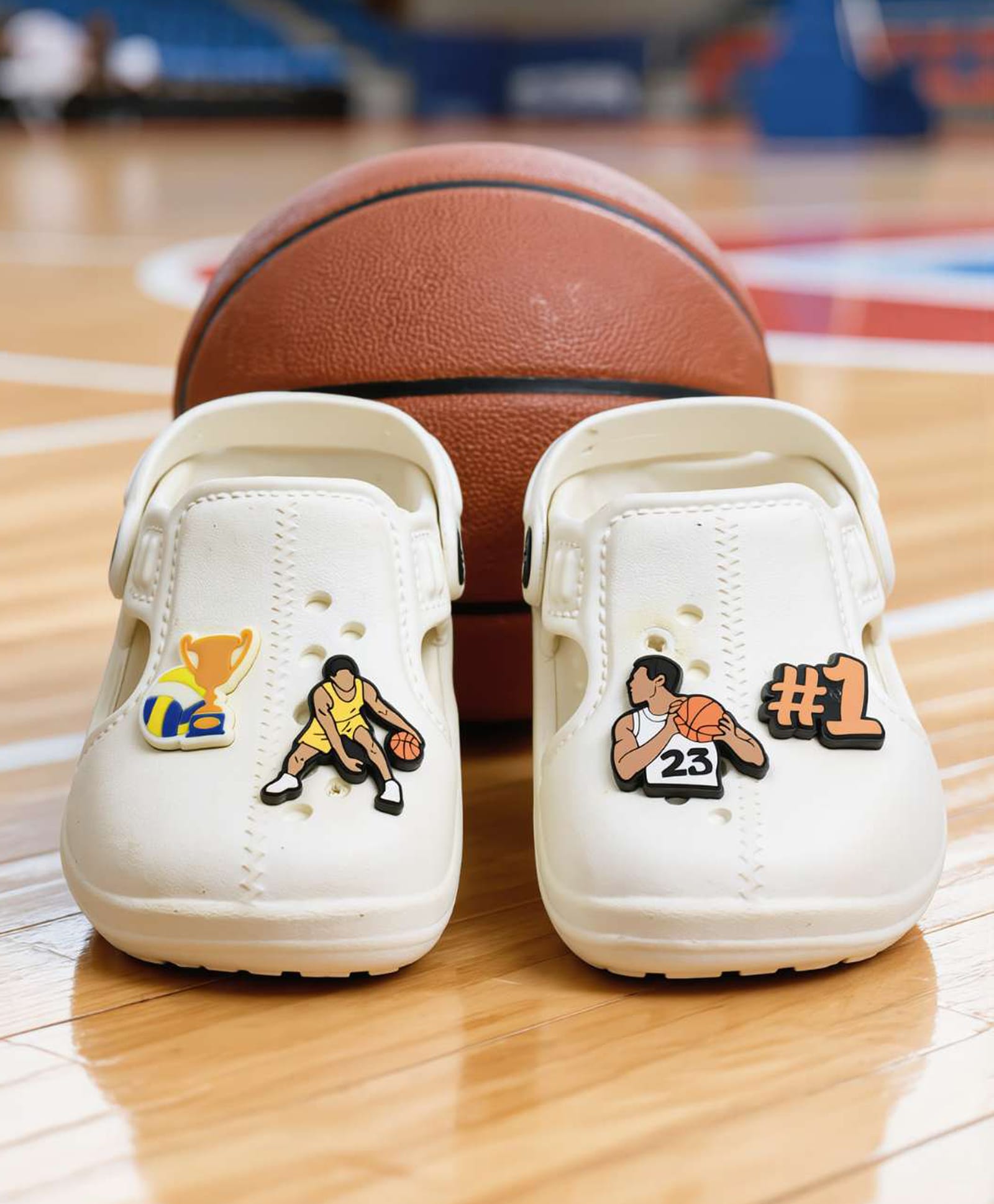 Yellow Bee Basketball Theme Applique Detailed Perforated Slingback Clogs - White-image-5