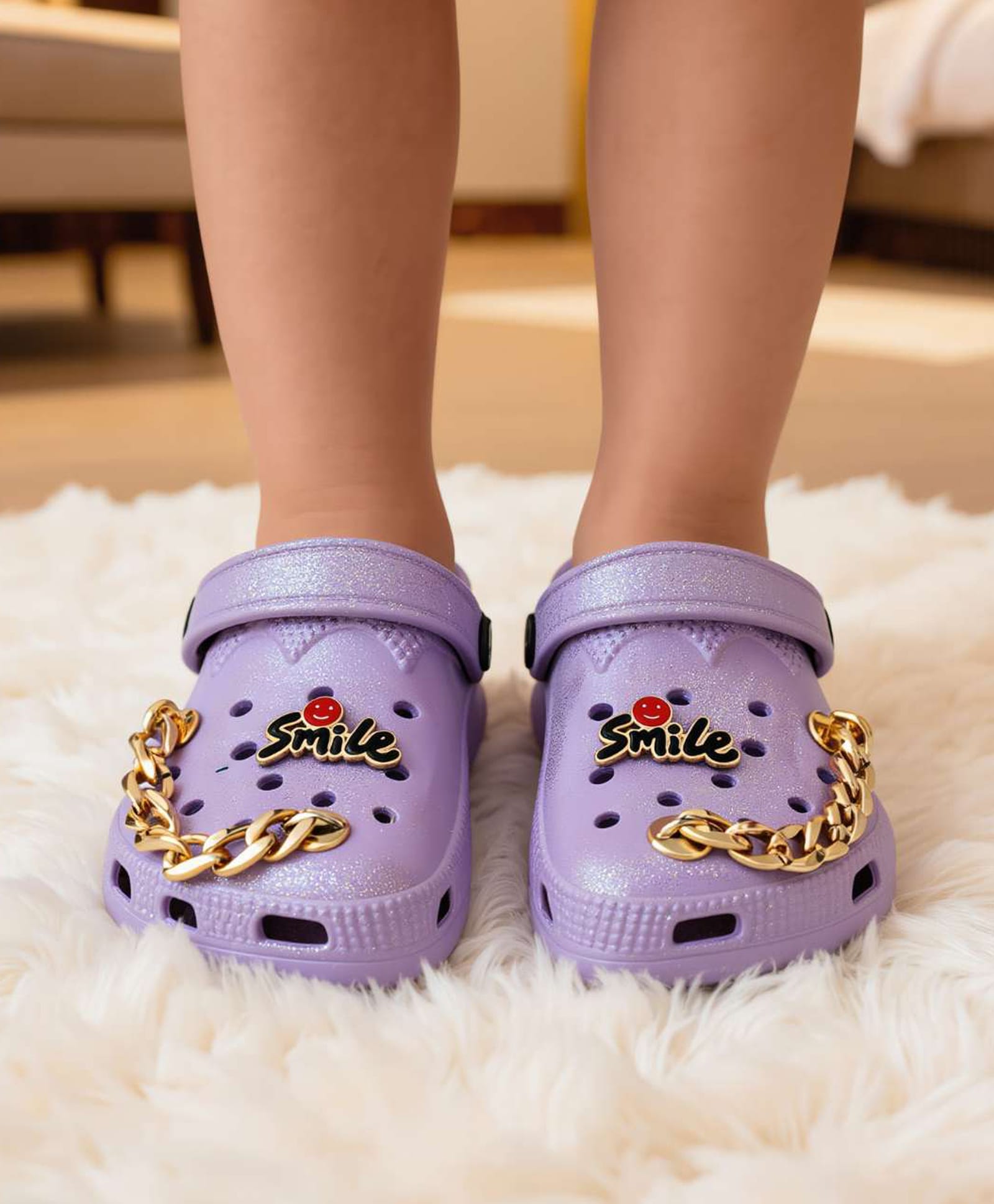 Yellow Bee Metal Chain Applique Detailed Perforated Slingback Clogs - Purple-picture-18