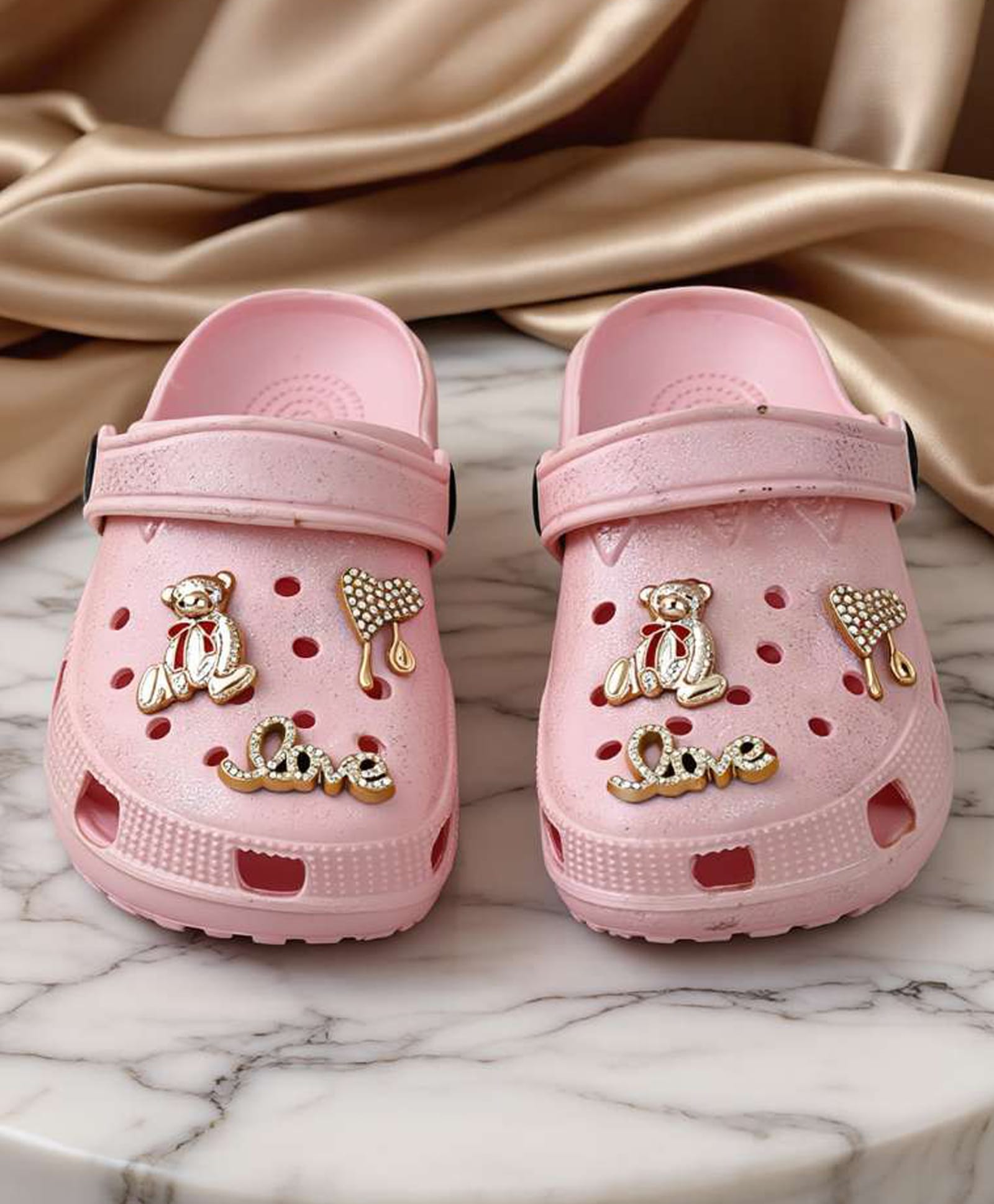 Yellow Bee Stone Embellished & Metal Teddy Bear Applique Detailed Perforated Slingback Clogs - Pink-picture-27