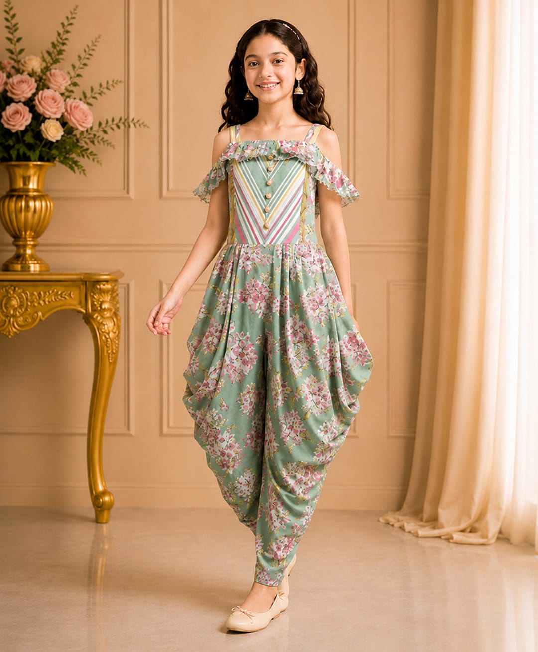 Twisha Cotton Woven Cold Shoulder Sleeves Chevron & Floral Printed Ethnic Style Jumpsuit - Olive Green-image-15