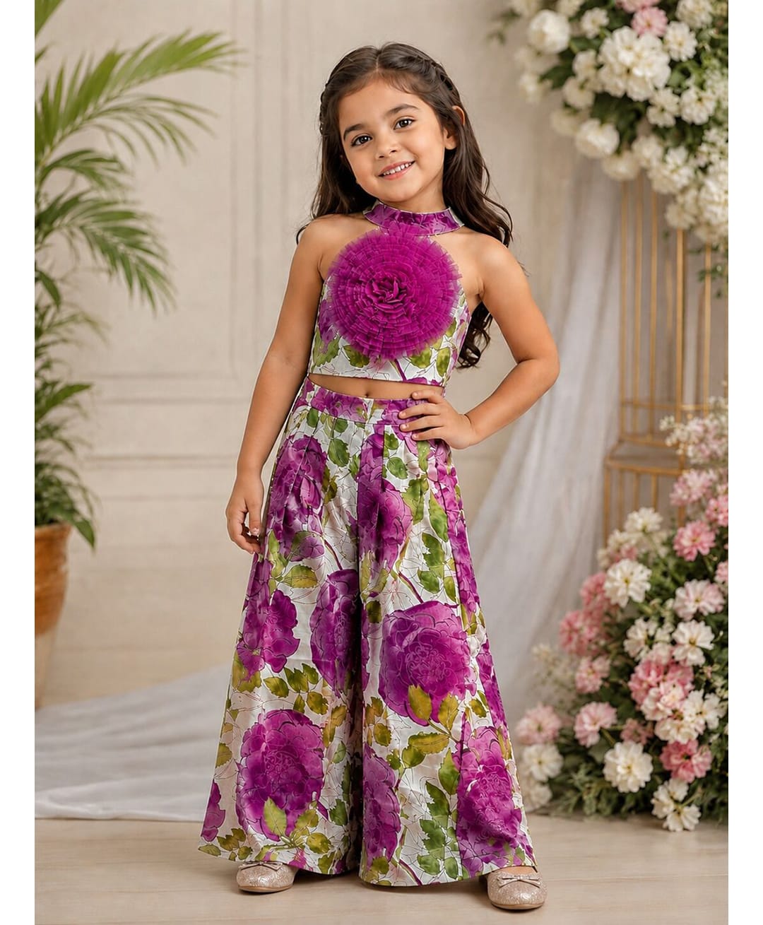Twisha Cotton Woven Sleeveless Floral Printed & Applique Detailed Top & Palazzo Set - White & Purple-image-46