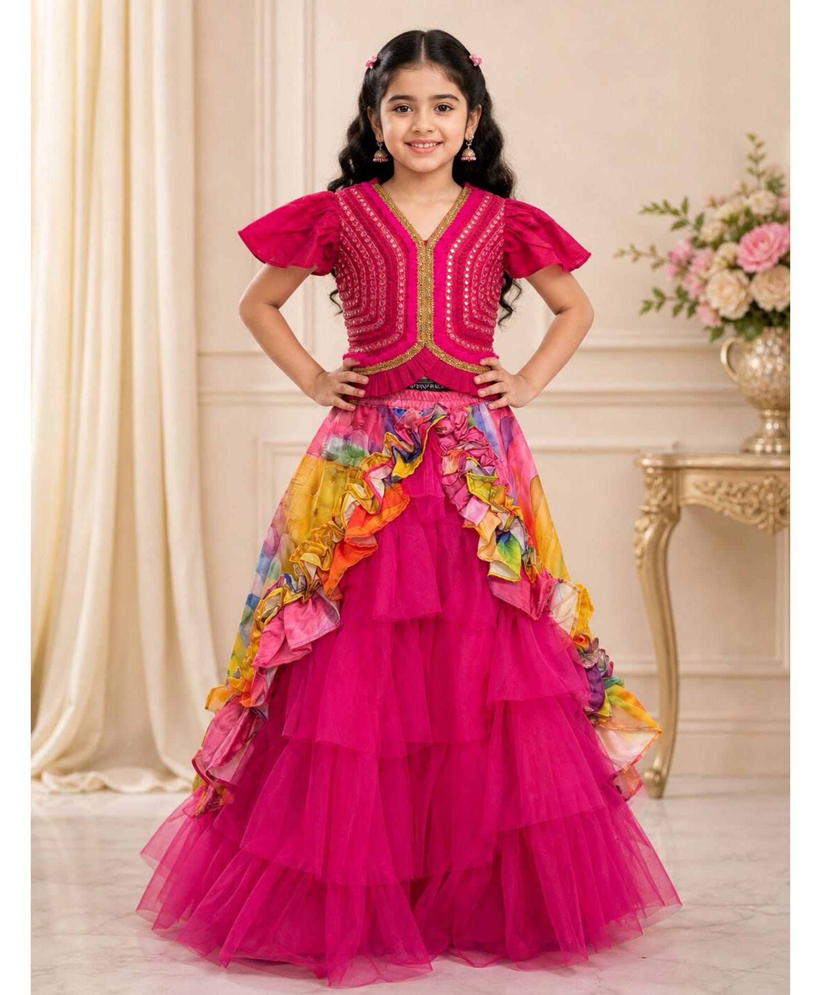 Elaisha Woven Half Sleeves Lace Embellished Mirror Work Detailed Choli & Layered Lehenga Set - Pink & Multi Colour-image-41