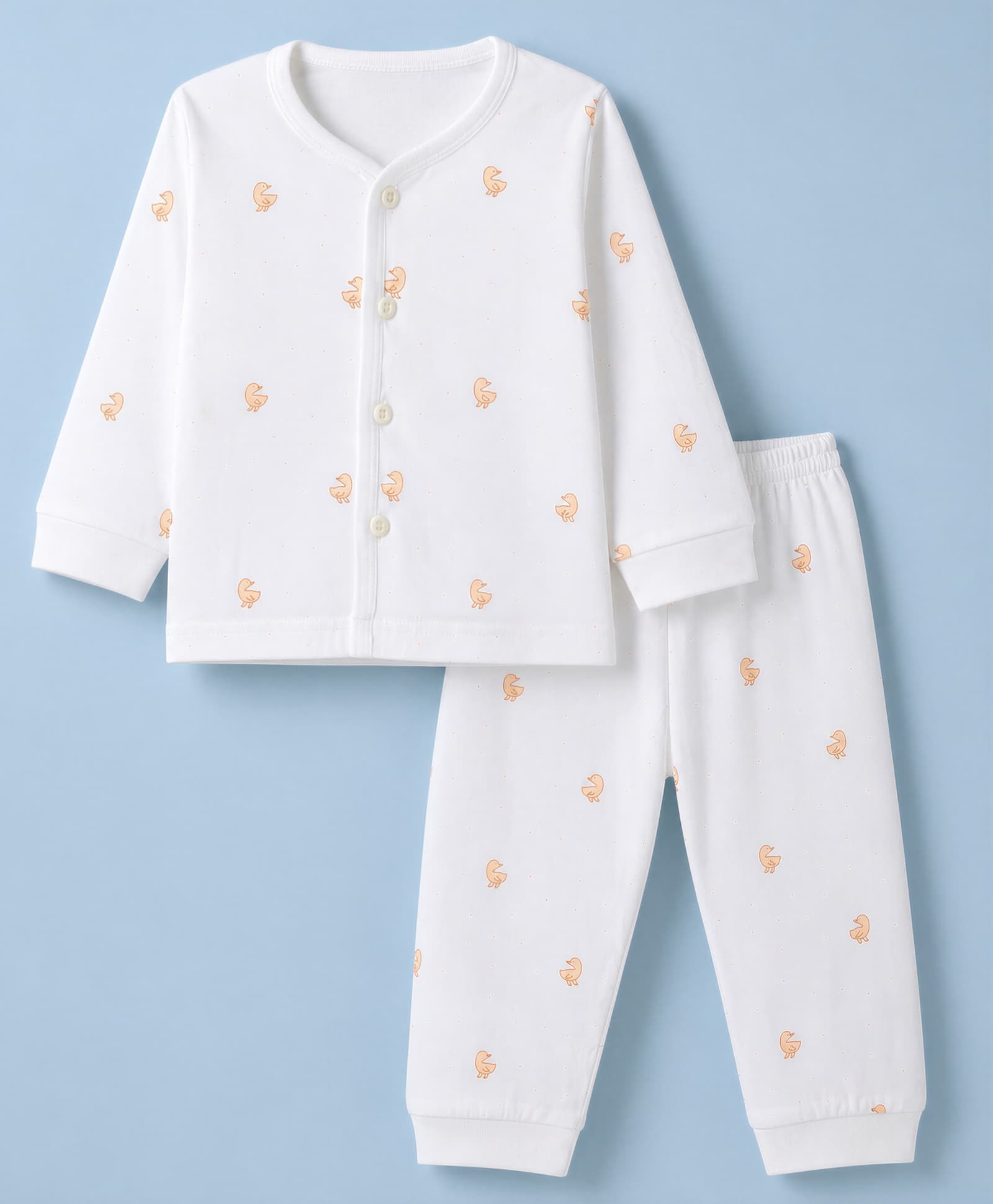 Zero Sinker Knit Full Sleeves Co-Ords T-Shirt & Pyjama Night Suit with Duck Print - White-picture-0