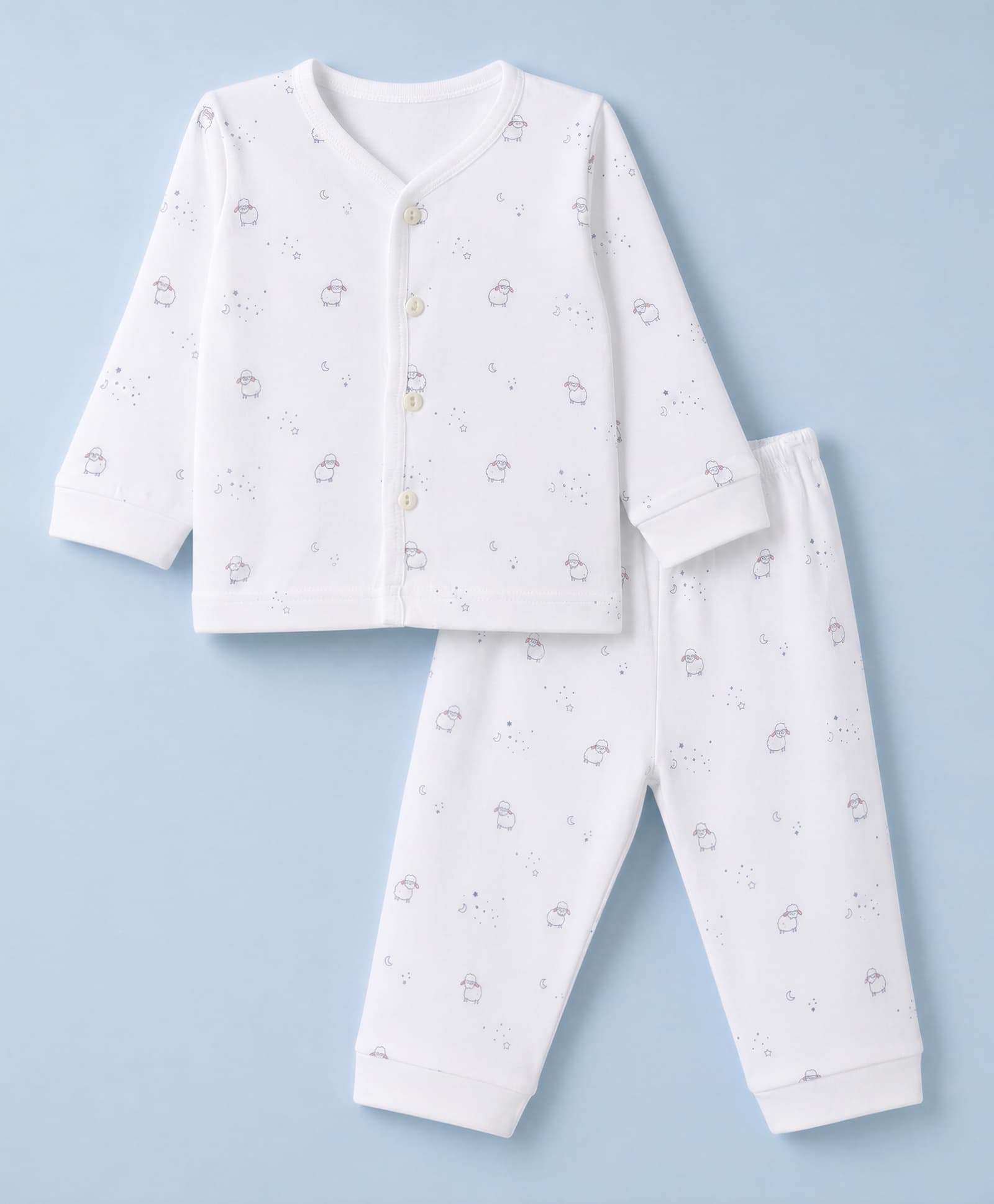 Zero Sinker Knit Full Sleeves Co-Ords T-Shirt & Pyjama Night Suit with Sheep Print - White-picture-3