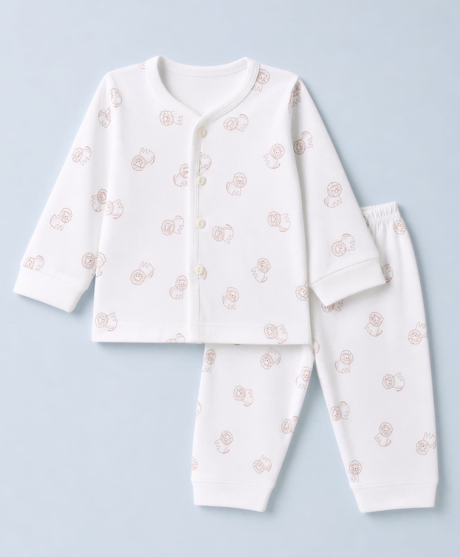 Zero Sinker Knit Full Sleeves Co-Ords T-Shirt & Pyjama Night Suit with Lion Print - White-picture-5