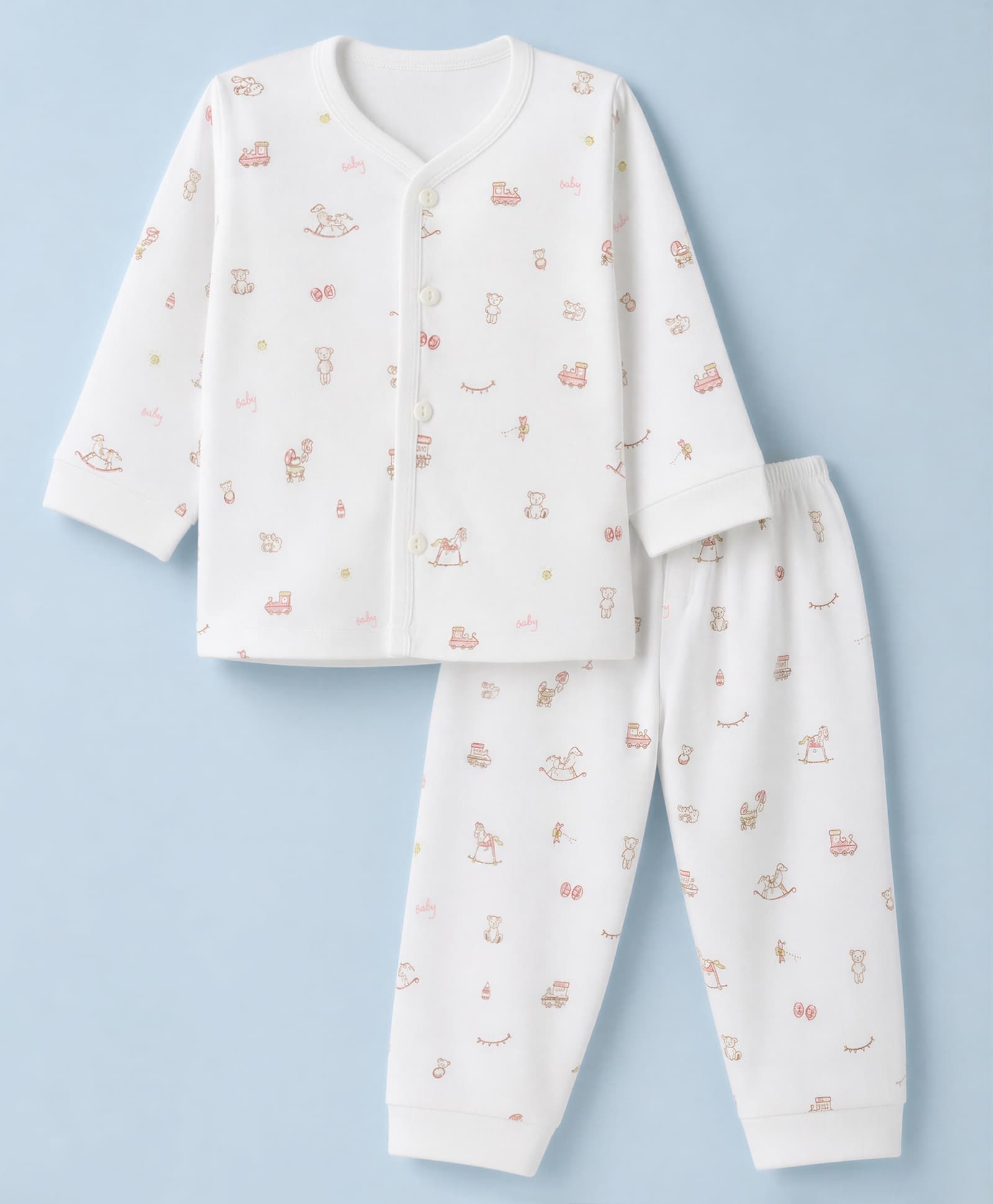 Zero Sinker Knit Full Sleeves Co-Ords T-Shirt & Pyjama Night Suit with Toys Print - White-picture-31