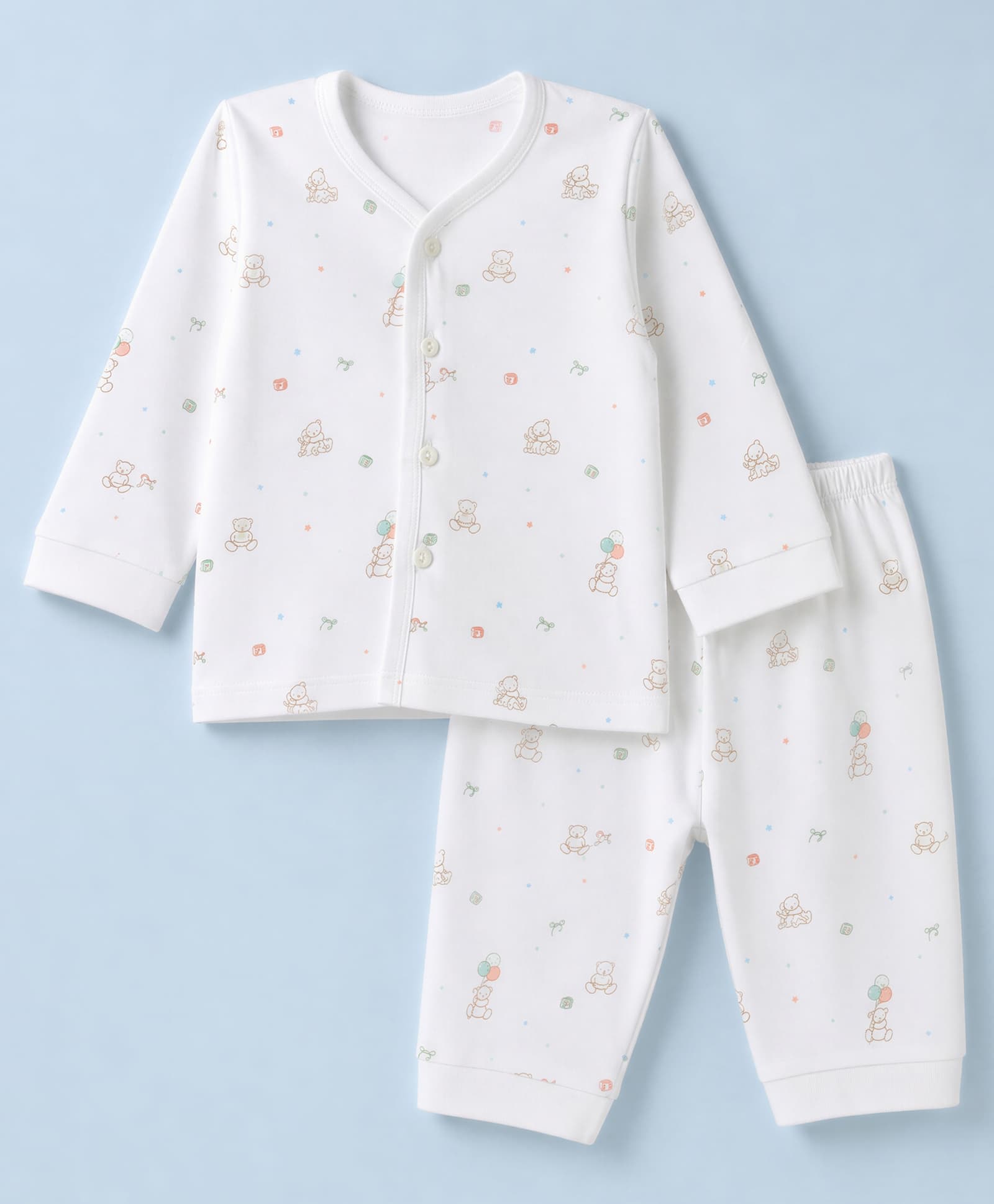 Zero Sinker Knit Full Sleeves Co-Ords T-Shirt & Pyjama Night Suit with Teddy Bear Print - White-picture-28