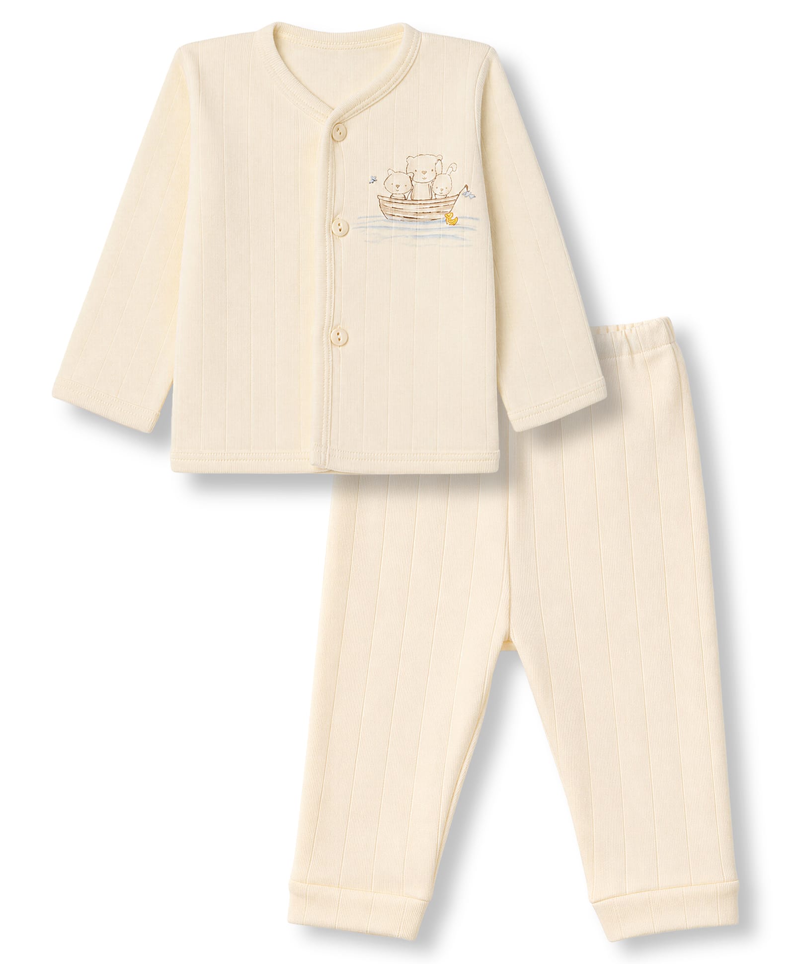 Zero Sinker Knit Full Sleeves T-Shirt & Pyjama Night Suit with Bear & Bear Print - Offwhite-picture-5