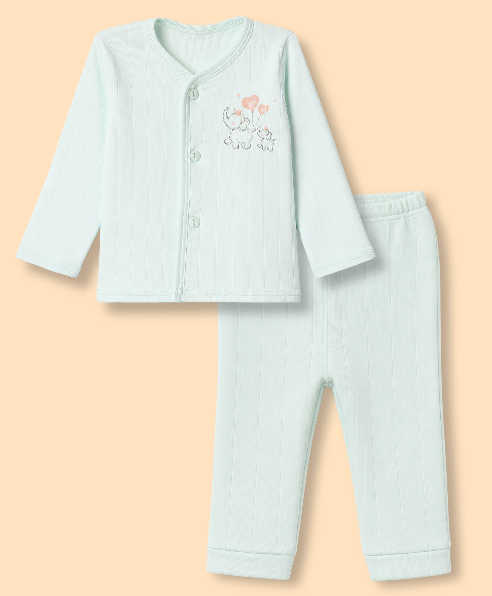 Zero Sinker Knit Full Sleeves T-Shirt & Pyjama Night Suit with Elephant & Heart Print - Sea Green-picture-26