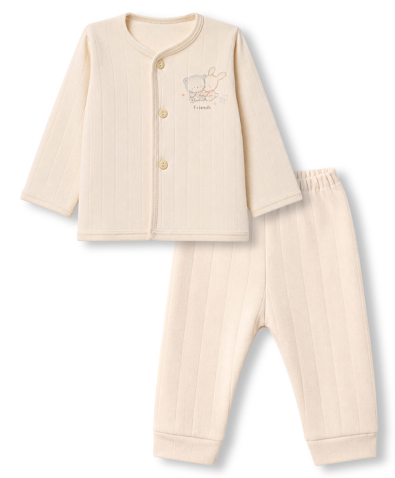 Zero Sinker Knit Full Sleeves T-Shirt & Pyjama Night Suit with Bear & Bunny Print - Beige-picture-44
