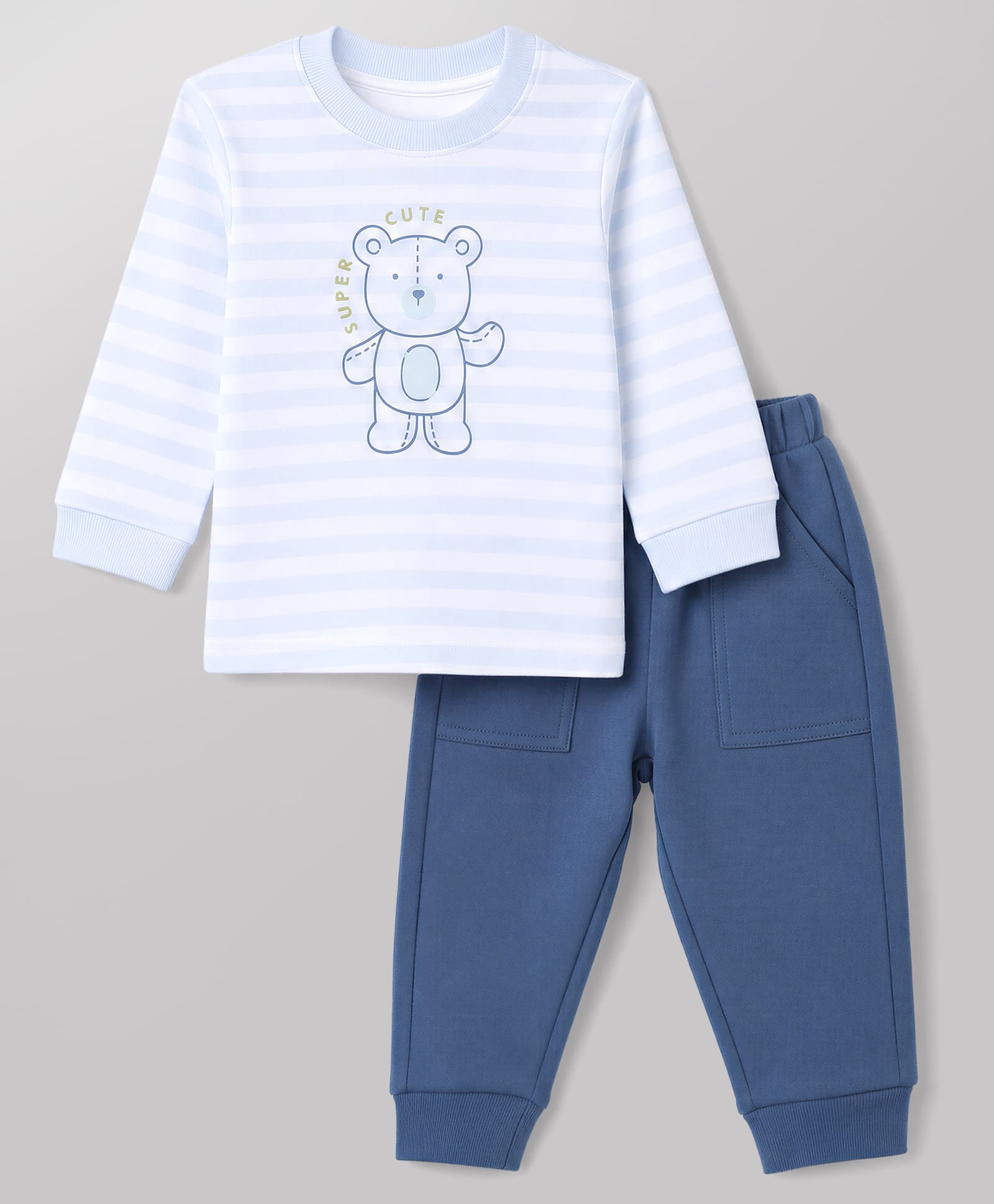 Zero Sinker Knit Full Sleeves Striped Tshirt With Teddy Print And Joggers - Blue-picture-48