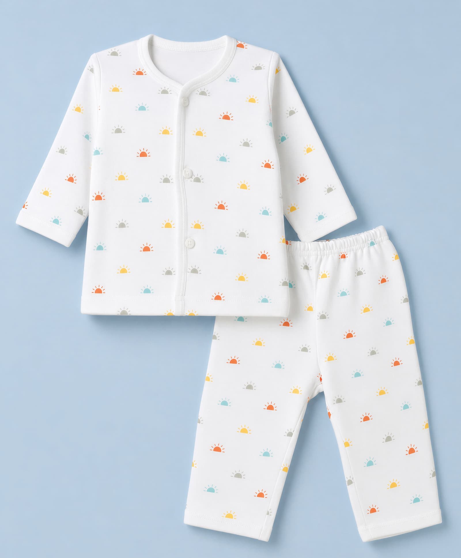 Zero Sinker Knit Full Sleeves Co-Ords T-Shirt & Pyjama Night Suit with Sun Print - White-image-35