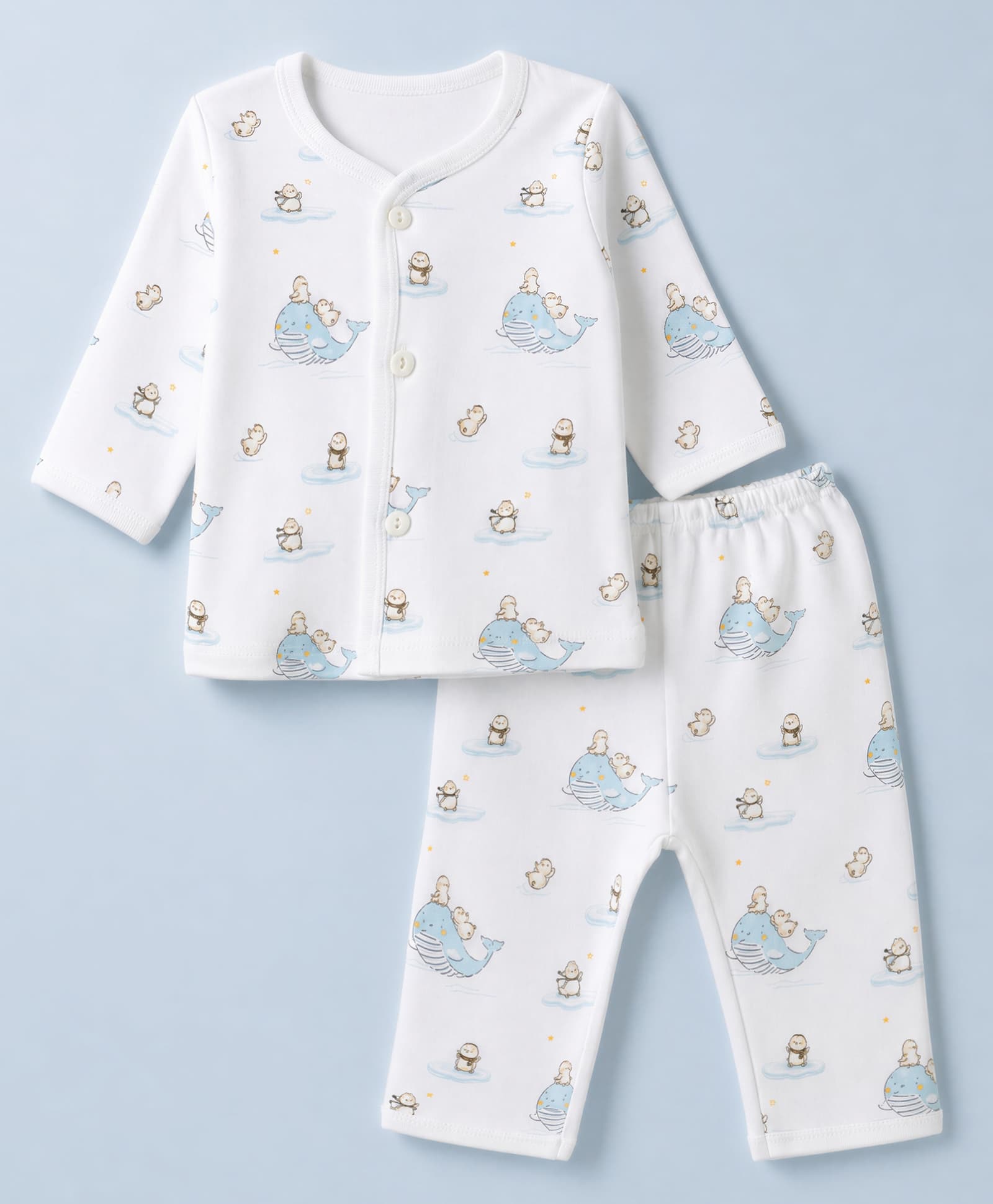Zero Sinker Knit Full Sleeves Co-Ords T-Shirt & Pyjama Night Suit with Penguin & Whale Print - White-image-7