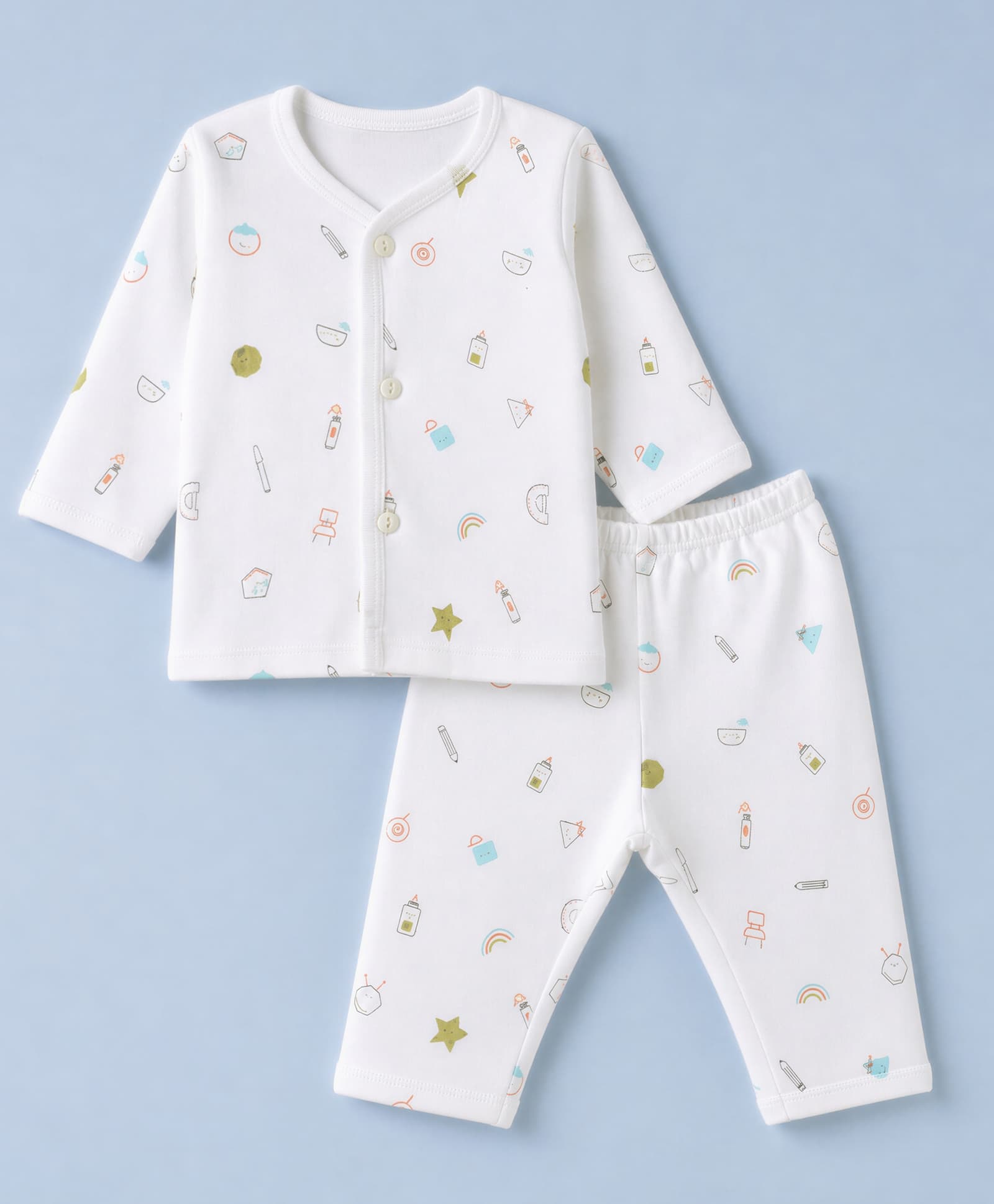 Zero Sinker Knit Full Sleeves Co-Ords T-Shirt & Pyjama Night Suit with Baby Accessories Print - White-picture-31