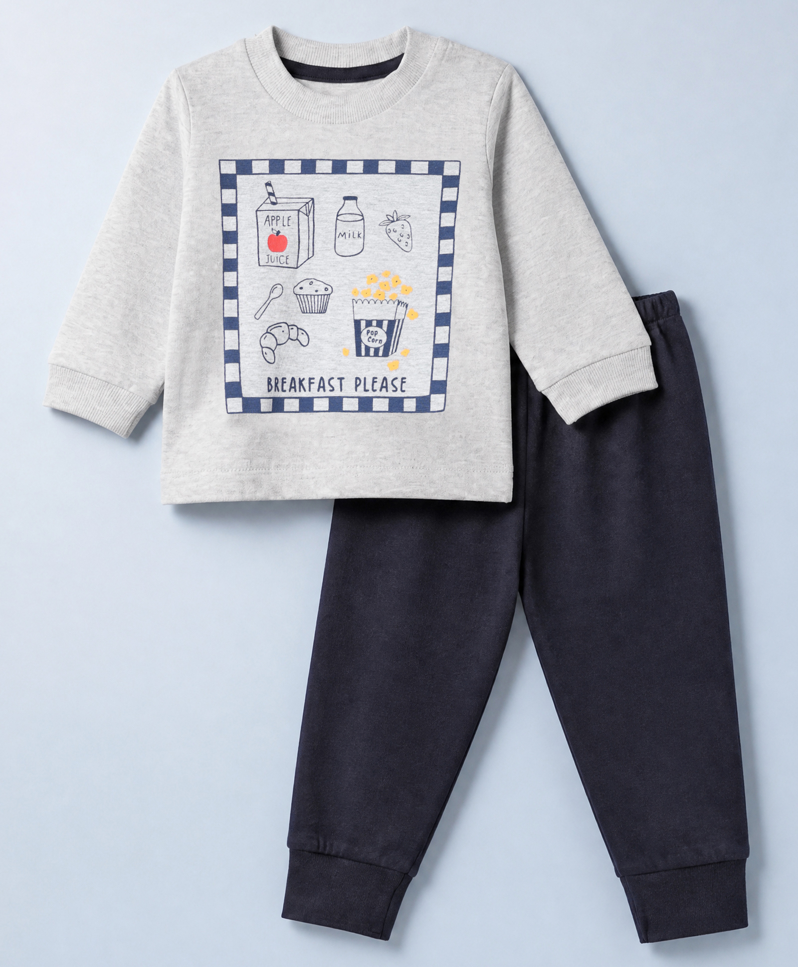 Zero Sinker Knit Full Sleeves T-shirt and Jogger Set With Breakfast Please Text Print - Navy Blue-picture-6