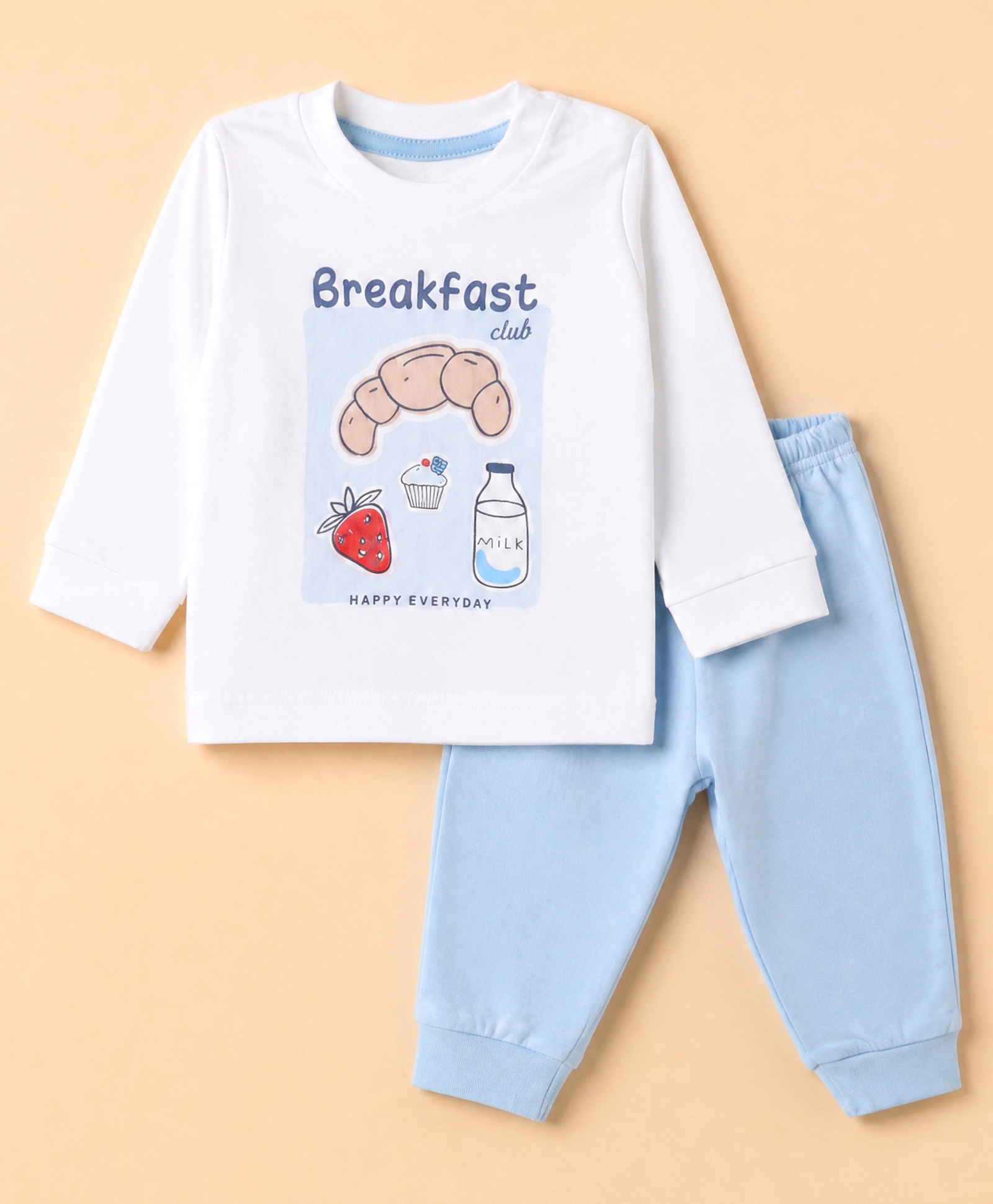Zero Sinker Knit Full Sleeves T-shirt and Jogger Set With Breakfast Club Text Print - Light Blue-picture-10