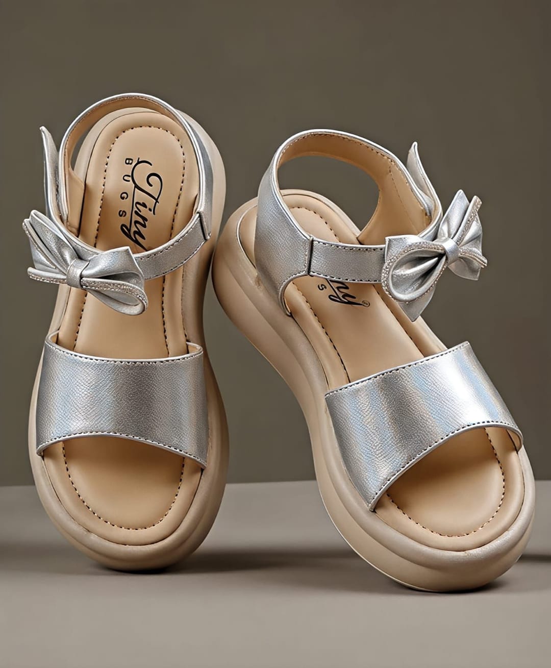 Tiny Bugs Bow Applique Detailed Velcro Closure Sandals - Silver-picture-13