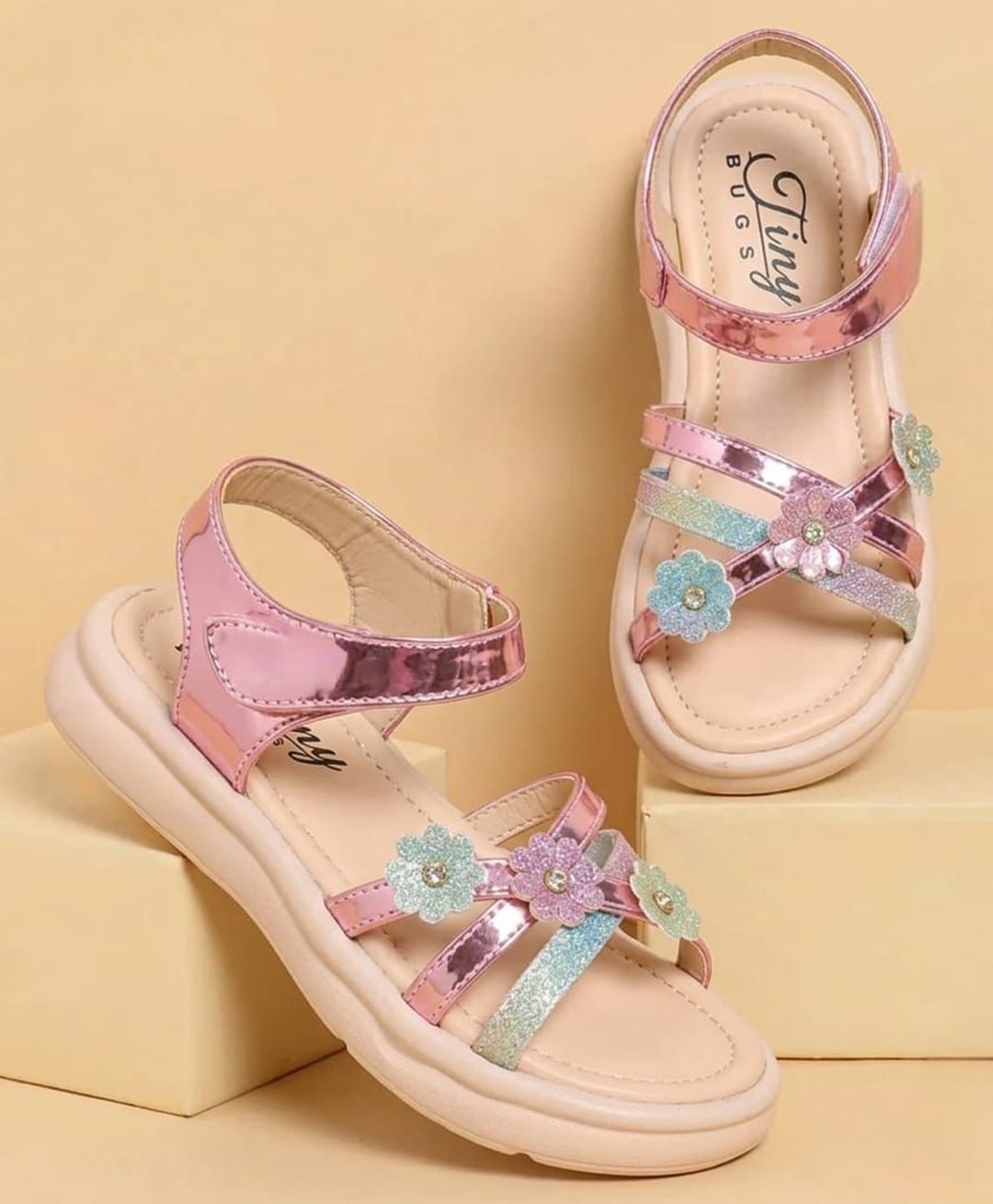 Tiny Bugs Floral Applique Detailed Velcro Closure Sandals - Multi Colour-picture-18