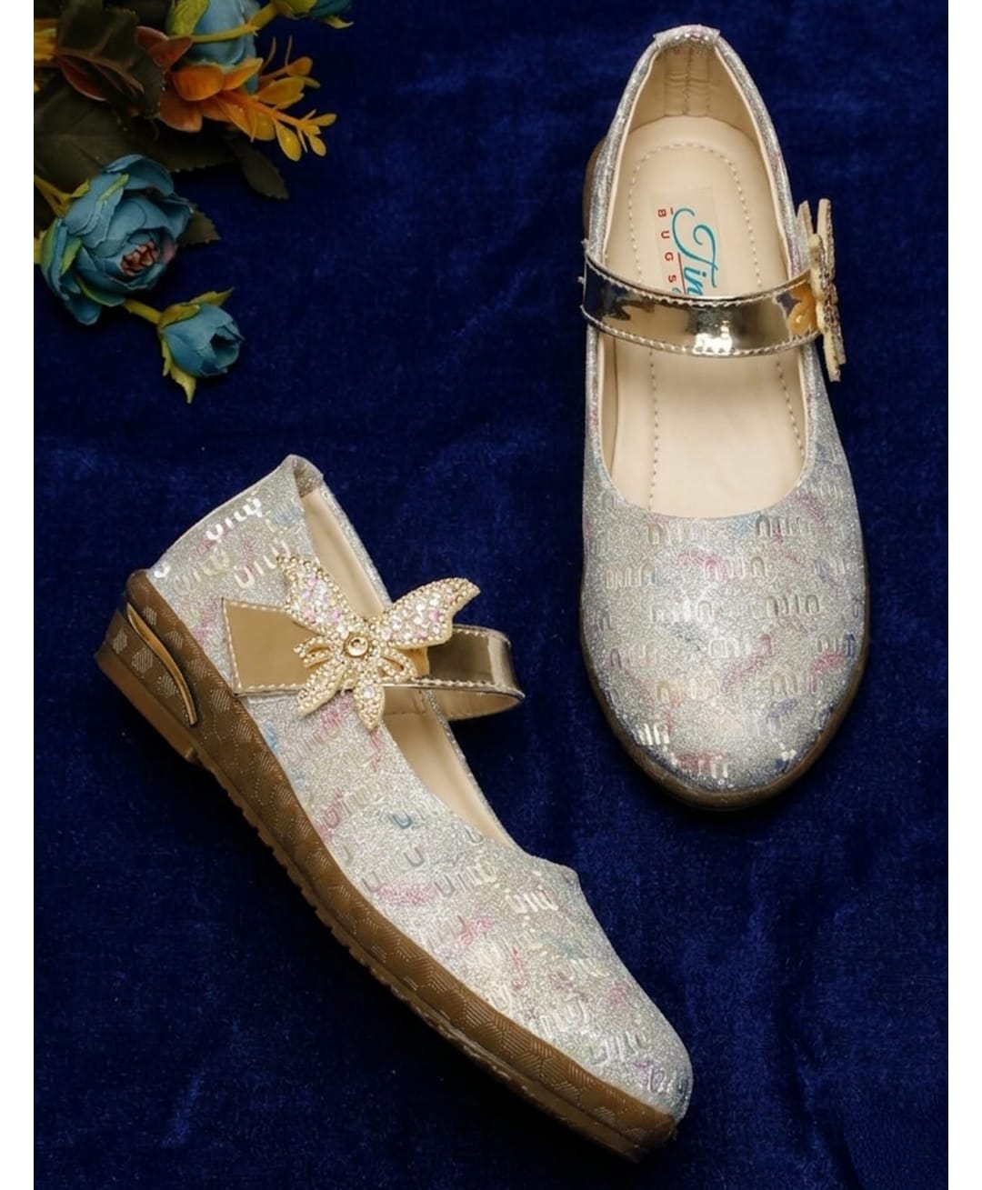 Tiny Bugs Glittered Butterfly Applique Velcro Closure Mary Jane Ballerinas - Multi Colour-picture-17