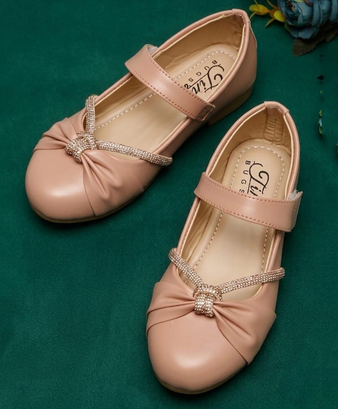 Tiny Bugs Rhinestones Embellished Bow Applique Detailed Mary Jane Ballerinas - Peach-image-46