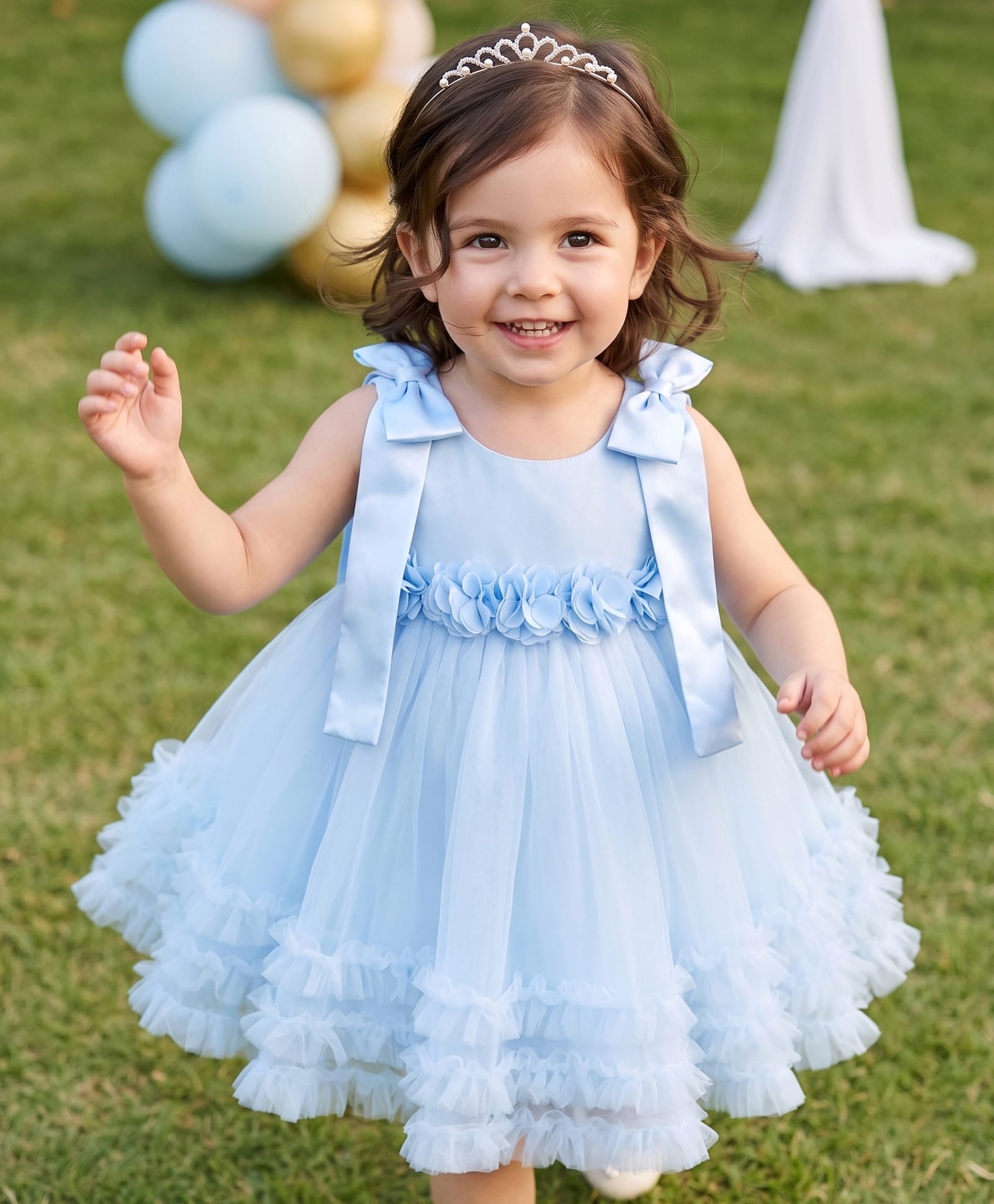 Babyhug Mesh Woven Sleeveless Party Dress with Floral Corsage Bow Applique & Ruffles - Light Blue-image-21